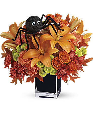 Teleflora's Spooky Sweet Teleflora's Spooky Sweet - A big black spider creeps your way to wish you a Happy Halloween! This fun Halloween floral decoration presents lush orange and green flowers in a spirited black glass vase. It's a spooky sweet selection when you want to send a Halloween arrangement to a favorite child or fun-loving friend. A googly-eyed spider sits atop a beautiful bouquet of orange roses, orange asiatic lilies, orange carnations, green button mums and red cushion mums. Delivered in a black glass cube vase. Orientation: All-Around