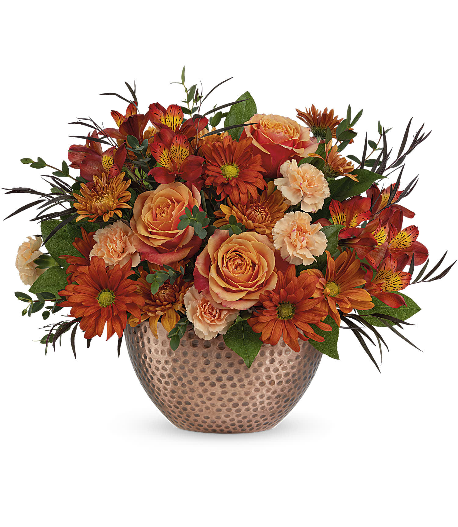 Teleflora's Copper Beauty Centerpiece Teleflora's Copper Beauty Centerpiece - Capture the beauty of fall with the warm autumn hues of this lush rose bouquet, artfully arranged in a copper-finished keepsake bowl with timeless hammered detailing. Orange roses, red alstroemeria, miniature peach carnations and bronze cushion spray chrysanthemums are arranged with lemon leaf, parvifolia eucalyptus, and red agonis. Delivered in Teleflora's Copper Beauty bowl. Approximately 16 1/2" W x 13" H