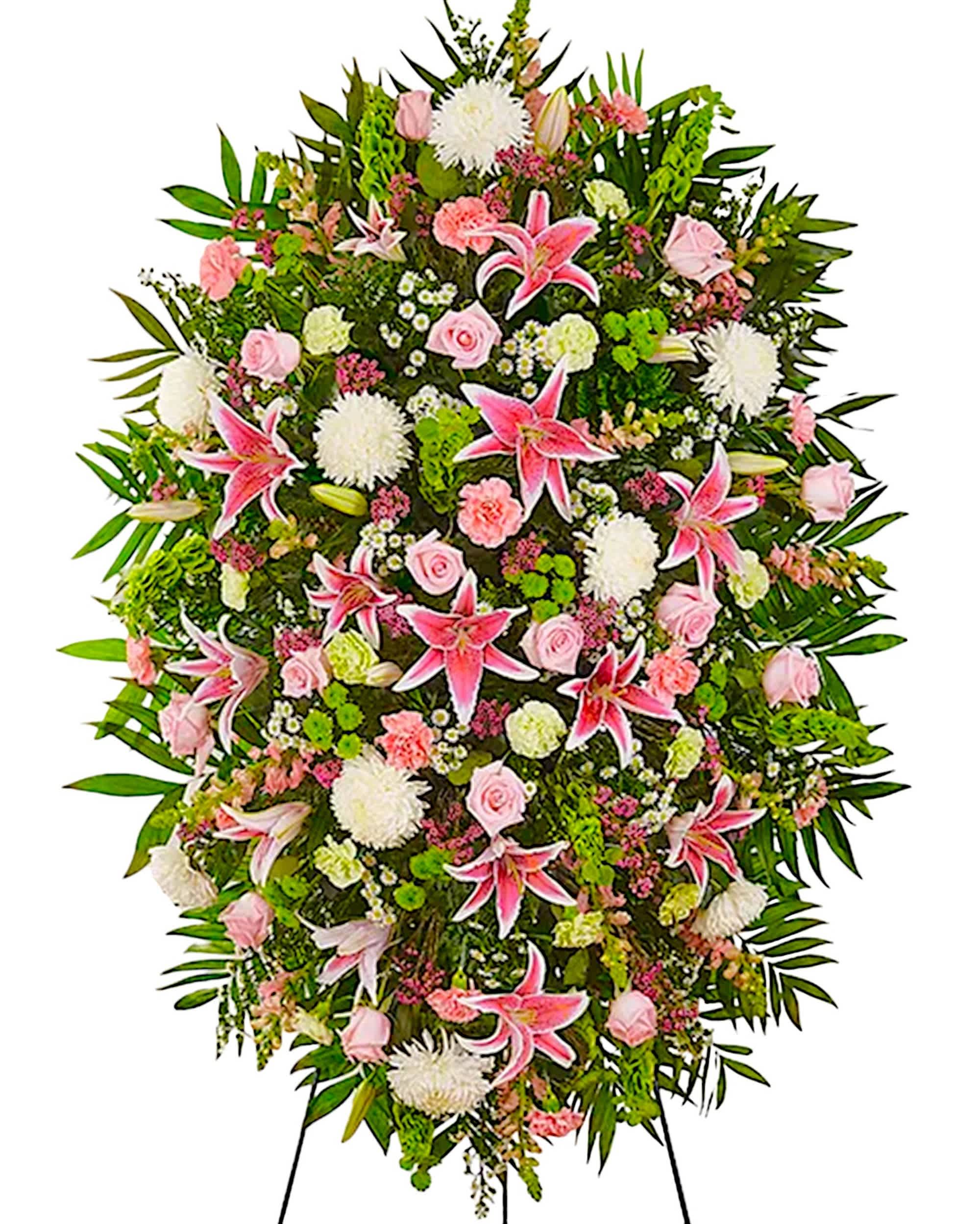 Luxury Pastel Sympathy Standing Spray - When we celebrate the life of a loved one, we honor their memory through heartfelt words &amp; gestures. Our luxury standing spray arrangement creates a graceful tribute, crafted with soft pastel blooms for a lush, full presentation. What a special way to remember someone so very loved. Appropriate for the funeral home, memorial service, or gravesite.  DETAILS Pink roses, oriental lilies, snapdragons &amp; carnations, white football mums &amp; monte casino, lime green carnations, green button poms, purple waxflower, bells of Ireland, &amp; greenery.   EASEL INCLUDED Orientation: One-Sided *If you would like to add a ribbon with a sentiment for an additional $10 each. Item #NF-1123  FLORIST-TO-DOOR Same day flower delivery on most orders placed online by 12 pm or 10 am on weekends PST.  BLOOM DETAILS Roses Football-Mums Button-Mums Oriental Lilies Snapdragon Carnations Bells of Ireland Montecasino Spray Waxflower Filler Greenery  The Standard Arrangement is approx. 60&quot;H x 40&quot;L without stand The Deluxe Arrangement is approx. 64&quot;H x 42&quot;L without stand The Premium Arrangement is approx. 68&quot;H x 44&quot;L without stand  INSTRUCTIONS: 1.) Please have the business name of the funeral home, address &amp; phone number. 2.) Please have the first name &amp; last name of the deceased. 3.) Please have the start time of the services. 4.) If you would like for us to write a brief message on a small business card-size note, please have your message ready.  NINFA'S FLOWERS 2405 WHITTIER BLVD. LOS ANGELES, CA. 90023