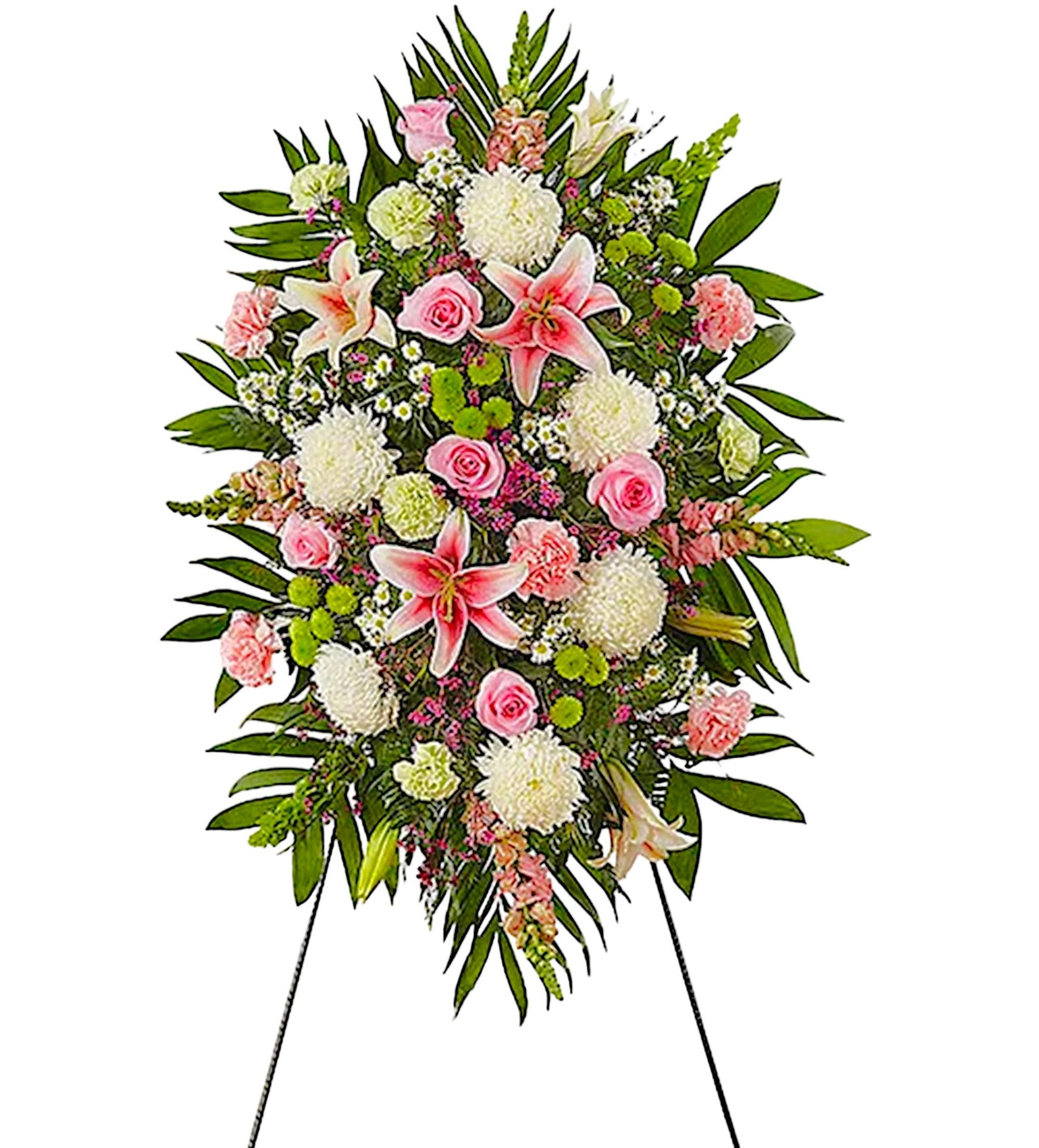 Pastel Sympathy Standing Spray - When we celebrate the life of a loved one, we honor their memory through heartfelt words and gestures. Our classic standing spray arrangement creates a graceful tribute, crafted with soft pastel blooms for a lush, full presentation. What a special way to remember someone so very loved.  Appropriate for the funeral home, memorial service, or gravesite.   DETAILS Pink roses, Oriental lilies, snapdragons, carnations, white football mums, monte casino, lime green carnations, green button poms, purple waxflower, bells of Ireland &amp; greenery.   EASEL INCLUDED Orientation: One-Sided *If you would like to add a ribbon with a sentiment for an additional $10 each. Item #NF-1093  FLORIST-TO-DOOR Same day flower delivery on most orders placed online by 12 pm or 10 am on weekends PST.  BLOOM DETAILS Roses Football-Mums Button-Mums Oriental Lilies Snapdragon Carnations Bells of Ireland Montecasino Spray Waxflower Filler Greenery  The Standard Arrangement is approx.42&quot;H x 30&quot;L without stand  The Deluxe Arrangement is approx. 46&quot;H x 34&quot;L without stand The Premium Arrangement is approx. 56&quot;H x 38&quot;L without stand  INSTRUCTIONS: 1.) Please have the business name of the funeral home, address &amp; phone number. 2.) Please have the first name &amp; last name of the deceased. 3.) Please have the start time of the services. 4.) If you would like for us to write a brief message on a small business card-size note, please have your message ready.  NINFA'S FLOWERS 2405 WHITTIER BLVD. LOS ANGELES, CA. 90023