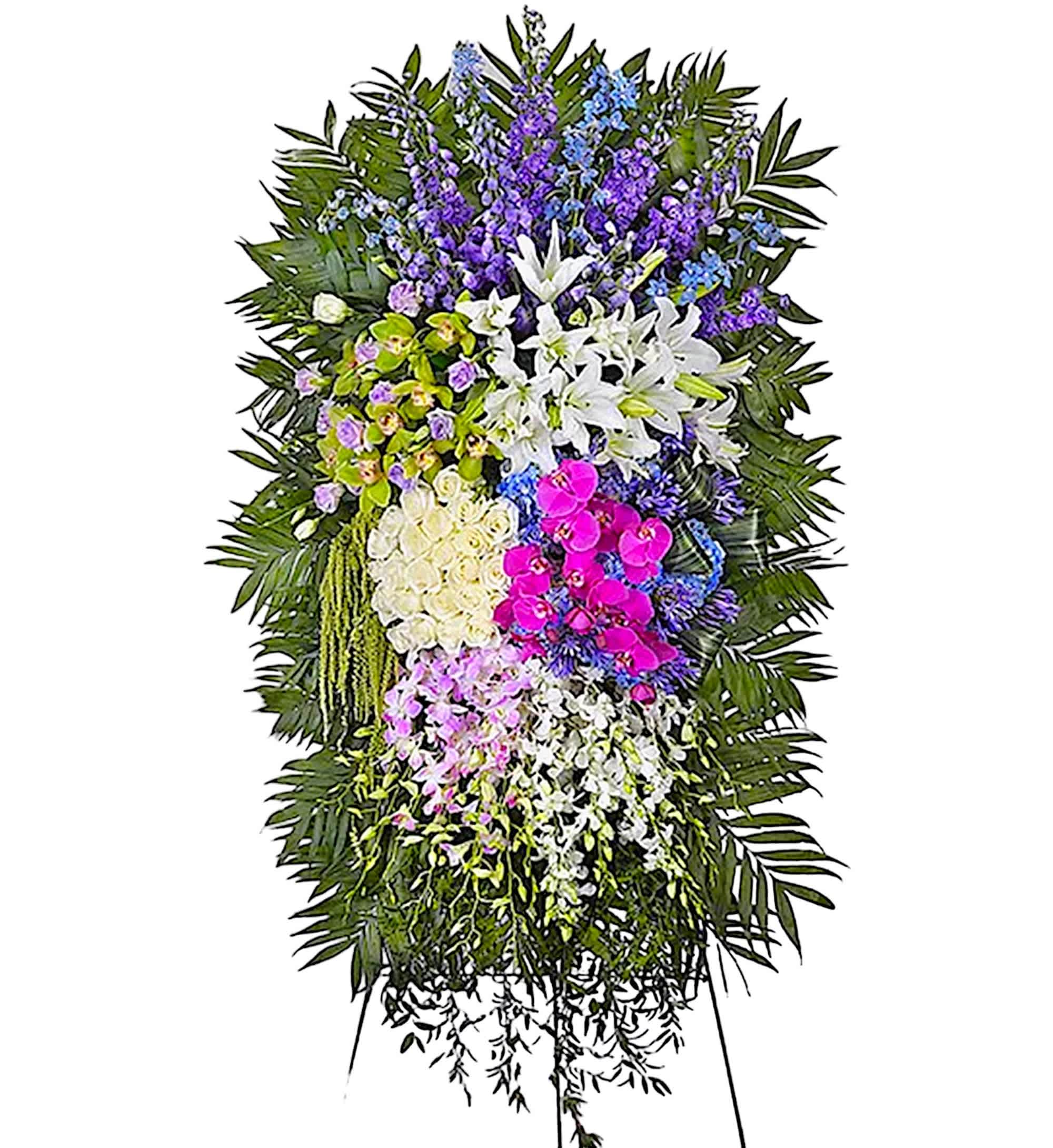 Heavenly Garden Standing Spray - Honor one who lived life to the fullest with a full garden of heavenly blooms. Our grandest standing spray arrangement, it features lush, trailing greens at its base. Let this memorable display represent the loving impression they made on all who knew them. Appropriate for the funeral home, memorial service, or gravesite.  DETAILS White roses, Oriental lilies, green cymbidium orchids, purple Phalaenopsis orchids, lavender and white Dendrobium orchids, light blue and lavender delphinium, blue hydrangea, and greenery.   EASEL INCLUDED Orientation: One-Sided *If you would like to add a ribbon with a sentiment for an additional $10 each. Item #NF-1109  FLORIST-TO-DOOR Same day flower delivery on most orders placed online by 12 pm or 10 am on weekends PST.  BLOOM DETAILS Roses Dendrobium Orchids Cymbidium Orchids Delphinium Oriental Lilies Hydrangeas Lisianthus Agapanthus Hanging Amaranthus Greenery  The Standard Arrangement is approx. 75&quot;H x 52&quot;L (without stand) (SHOWN) The Deluxe Arrangement is approx. 79&quot;H x 54&quot;L (without stand) The Premium Arrangement is approx. 83&quot;H x 56&quot;L (without stand)  INSTRUCTIONS: 1.) Please have the business name of the funeral home, address &amp; phone number. 2.) Please have the first name &amp; last name of the deceased. 3.) Please have the start time of the services. 4.) If you would like for us to write a brief message on a small business card-size note, please have your message ready.  NINFA'S FLOWERS 2405 WHITTIER BLVD. LOS ANGELES, CA. 90023