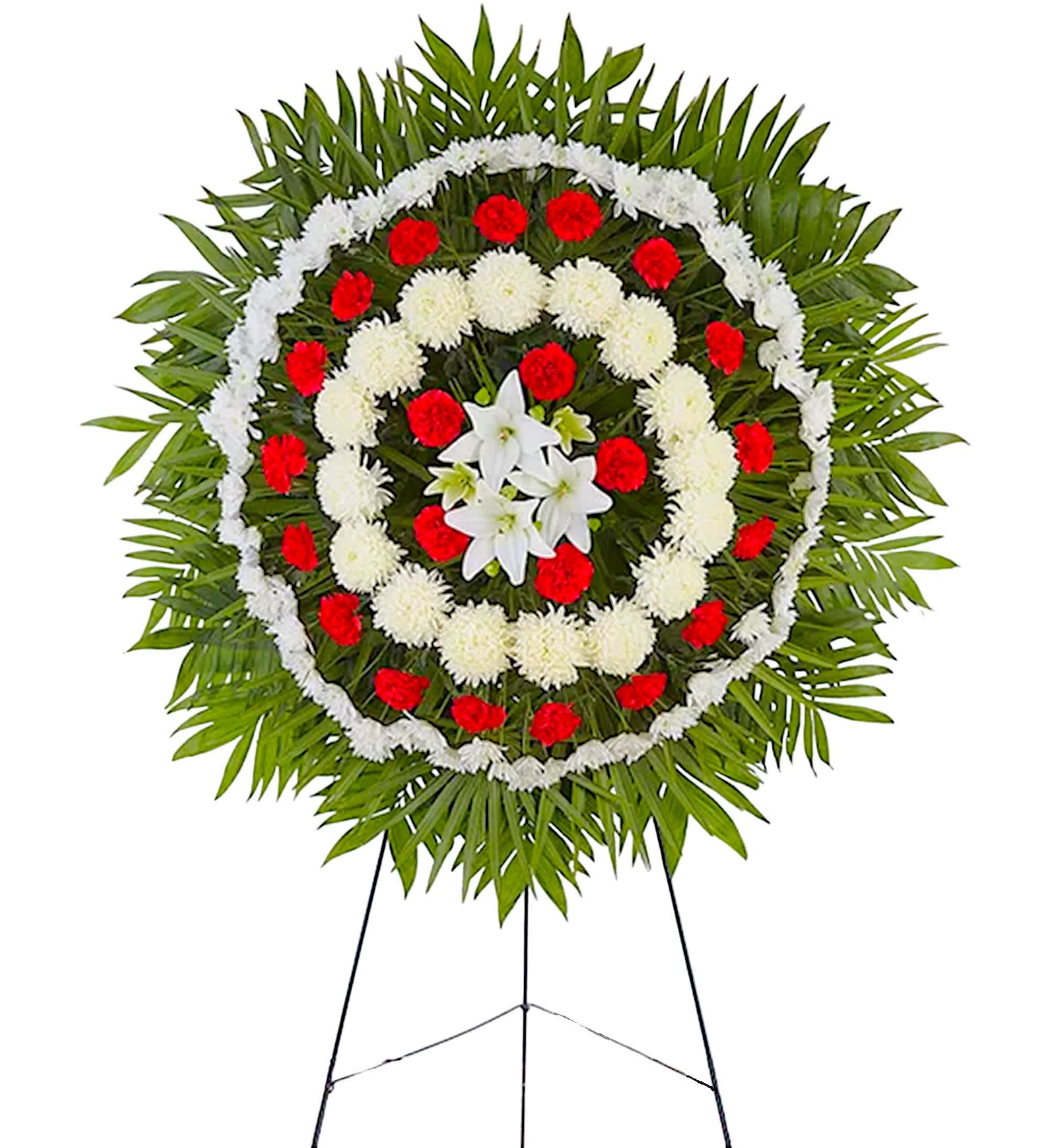 Circle of Life Standing Spray - Offer tribute to the infinite nature of a loved one’s essence with our Circle of Life standing spray. Symbolizing the eternal cycle of life, our impressive circular pattern arrangement is made up of alternating rows of fresh red and white blooms and features a cluster of beautiful white lilies gathered right at the center. Accented by frame of fresh palm fronds, it’s a truly sacred display.  DETAILS Asiatic white lilies, red carnations, white football mums, white cushion poms and assorted greenery. Appropriate for the funeral home, memorial service, or gravesite.  EASEL INCLUDED Orientation: One-Sided *If you would like to add a ribbon with a sentiment for an additional $10 each. Item #NF-1024  FLORIST-TO-DOOR Same day flower delivery on most orders placed online by 12 pm or 10 am on weekends PST.  BLOOM DETAILS Carnations Football-Mums Asiatic Lilies Carnations Cushion-Mums Greenery  The Standard Arrangement is approx. 48” H x 48” L without stand (66”H with stand) The Deluxe Arrangement is approx. 52&quot;H x 52&quot;L without stand The Premium Arrangement is approx. 56&quot;H x 56&quot;L without stand  INSTRUCTIONS: 1.) Please have the business name of the funeral home, address &amp; phone number. 2.) Please have the first name &amp; last name of the deceased. 3.) Please have the start time of the services. 4.) If you would like for us to write a brief message on a small business card-size note, please have your message ready.  NINFA'S FLOWERS 2405 WHITTIER BLVD. LOS ANGELES, CA. 90023