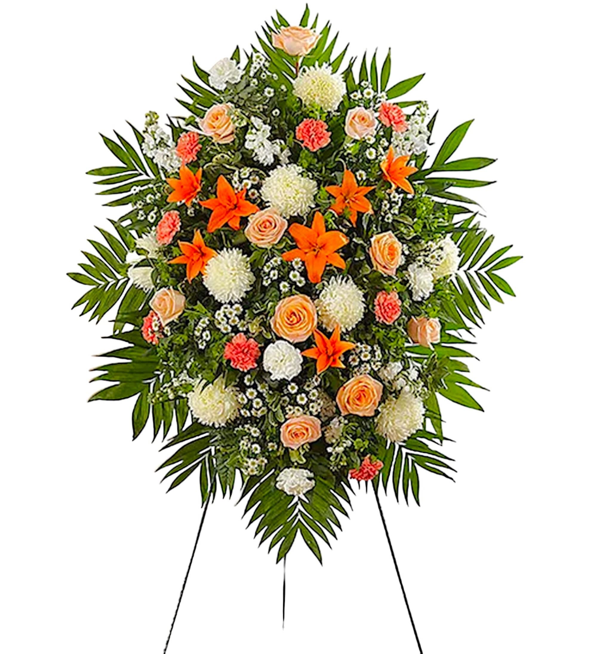 Peach, Orange, and White Sympathy Standing Spray - They drew people in with their welcoming smile and personality. That joyful spirit is captured in our classic standing spray arrangement. Crafted with warm orange, peach and white blooms, this elegant display creates a touching tribute to someone who brought happiness to so many. Appropriate for the funeral home, memorial service, or gravesite.  DETAILS Peach roses, orange Asiatic lilies and carnations, white football mums, stock, carnations and monte casino; accented with assorted greenery.   EASEL INCLUDED Orientation: One-Sided *If you would like to add a ribbon with a sentiment for an additional $10 each. Item #NF-1094  FLORIST-TO-DOOR Same day flower delivery on most orders placed online by 12 pm or 10 am on weekends PST.  BLOOM DETAILS Roses Football-Mums Asiatic Lilies Stock Carnations Montecasino Spray Bupleurum Greenery  The Standard Arrangement is approx.42&quot;H x 30&quot;L without stand The Deluxe Arrangement is approx. 46&quot;H x 34&quot;L without stand The Premium Arrangement is approx. 56&quot;H x 38&quot;L without stand  INSTRUCTIONS: 1.) Please have the business name of the funeral home, address &amp; phone number. 2.) Please have the first name &amp; last name of the deceased. 3.) Please have the start time of the services. 4.) If you would like for us to write a brief message on a small business card-size note, please have your message ready.  NINFA'S FLOWERS 2405 WHITTIER BLVD. LOS ANGELES, CA. 90023