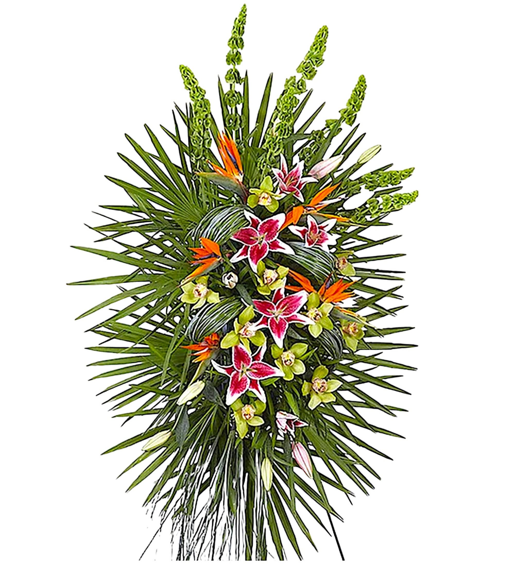 Eternal Paradise Standing Spray - Honor one who has gone on to eternal paradise with our lush, tropical standing spray. Hand-crafted, this eye-catching arrangement features an abundance of tropical blooms with elegant wisps of bear grass deftly woven through the bright, fresh greenery. It’s a tribute fitting of one who brought so much warmth and beauty to the world. A grand display appropriate for the funeral home, memorial service, or gravesite.  DETAILS Green cymbidium orchids, birds of paradise, pink stargazer lilies, bells of Ireland with bear grass and assorted greenery.   EASEL INCLUDED Orientation: One-Sided *If you would like to add a ribbon with a sentiment for an additional $10 each. Item #NF-1080  FLORIST-TO-DOOR Same day flower delivery on most orders placed online by 12 pm or 10 am on weekends PST.  BLOOM DETAILS Bells of Ireland Birds of Paradise Cymbidium Orchids Stargazer Lilies Greenery  The Standard Arrangement is approx. 62&quot;H x 34&quot;L (without stand) The Deluxe Arrangement is approx. 64&quot;H x 36&quot;L (without stand) The Premium Arrangement is approx. 66&quot;H x 38&quot;L (without stand)  INSTRUCTIONS: 1.) Please have the business name of the funeral home, address &amp; phone number. 2.) Please have the first name &amp; last name of the deceased. 3.) Please have the start time of the services. 4.) If you would like for us to write a brief message on a small business card-size note, please have your message ready.  NINFA'S FLOWERS 2405 WHITTIER BLVD. LOS ANGELES, CA. 90023