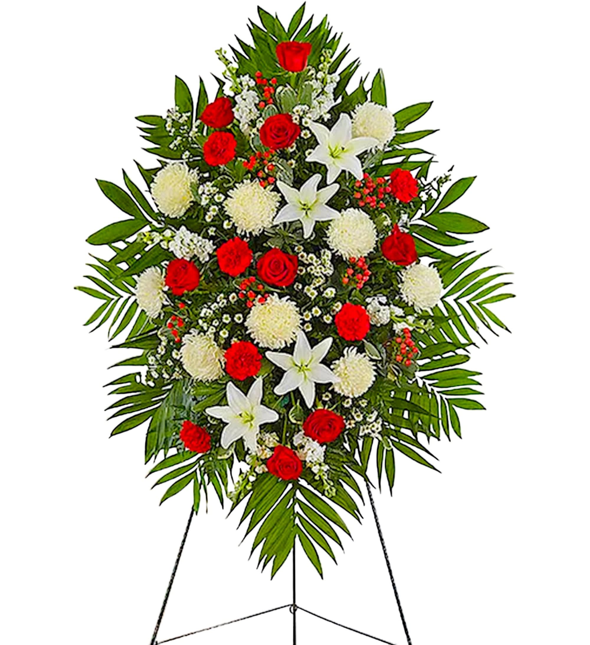 Red and White Sympathy Standing Spray - A warm embrace. A kind word. A memorable gesture. There are many ways to express how we feel after the loss of a loved one. Our classic standing spray arrangement is elegantly crafted with radiant red roses and peaceful white blooms, offering care and support when it’s needed most. Appropriate for the funeral home, memorial service, or gravesite.  DETAILS One-sided standing spray arrangement with red roses, carnations and hypericum, white Asiatic lilies, football mums, stock and monte casino; accented with assorted greenery.  EASEL INCLUDED Orientation: One-Sided *If you would like to add a ribbon with a sentiment for an additional $10 each. Item #NF-1099  FLORIST-TO-DOOR Same day flower delivery on most orders placed online by 12 pm or 10 am on weekends PST.  BLOOM DETAILS Roses Football-Mums Asiatic Lilies Stock Carnations Hypericum Montecasino Spray Greenery  The Standard Arrangement is approx. 42&quot;H x 30&quot;L without stand The Deluxe Arrangement is approx. 46&quot;H x 34&quot;L without stand The Premium Arrangement is approx. 56&quot;H x 38&quot;L without stand  INSTRUCTIONS: 1.) Please have the business name of the funeral home, address &amp; phone number. 2.) Please have the first name &amp; last name of the deceased. 3.) Please have the start time of the services. 4.) If you would like for us to write a brief message on a small business card-size note, please have your message ready.  NINFA'S FLOWERS 2405 WHITTIER BLVD. LOS ANGELES, CA. 90023