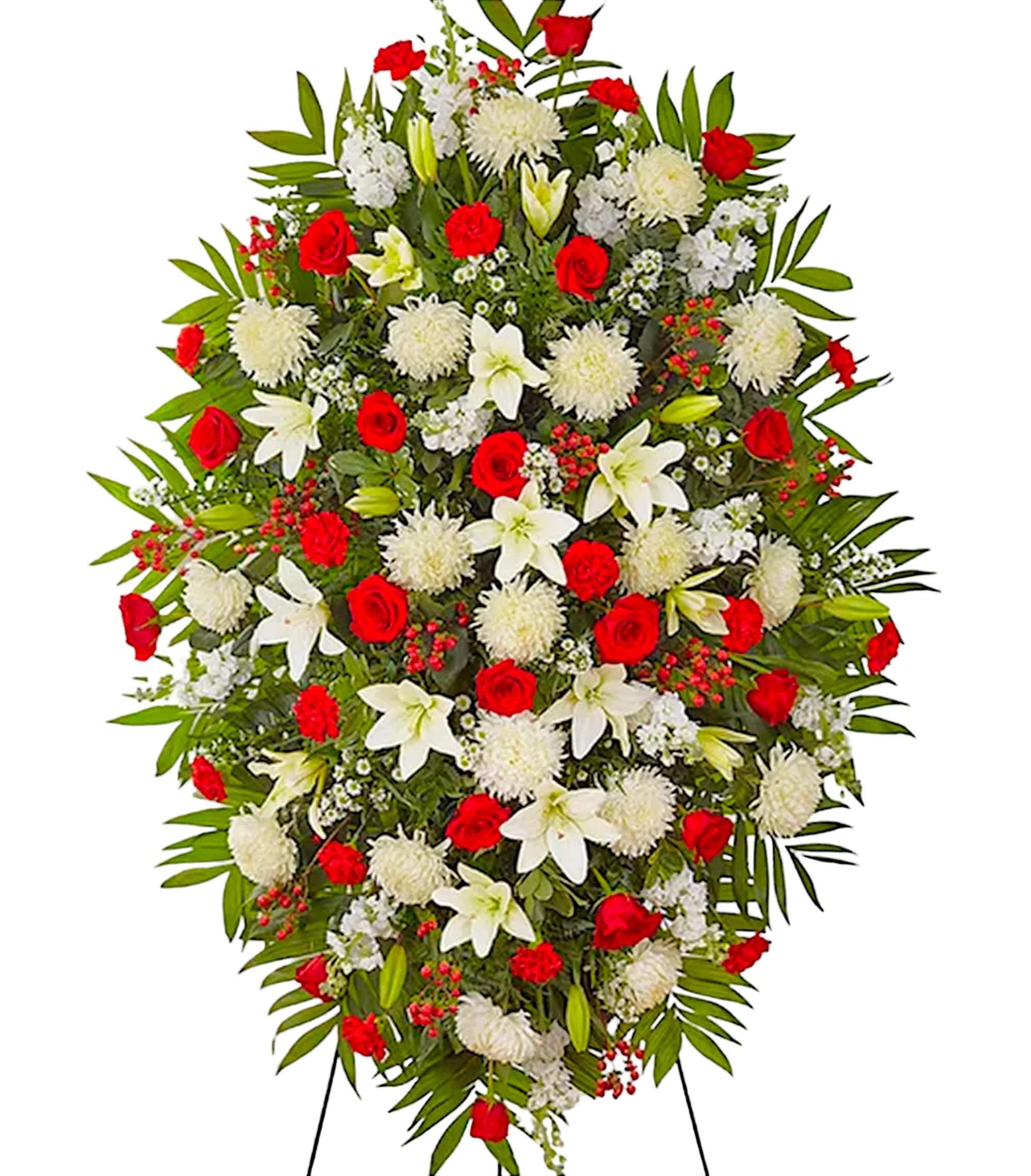 Luxury Red and White Sympathy Standing Spray - A warm embrace. A kind word. A memorable gesture. There are many ways to express how we feel after the loss of a loved one. Our luxury standing spray arrangement is elegantly crafted with beautiful blooms, offering care &amp; support when it’s needed most. Appropriate for the funeral home, memorial service, or gravesite.  DETAILS Red roses, carnations, hypericum, white Asiatic lilies, football mums, stock, monte casino, &amp; greenery.  EASEL INCLUDED Orientation: One-Sided *If you would like to add a ribbon with a sentiment for an additional $10 each. Item #NF-1129  FLORIST-TO-DOOR Same day flower delivery on most orders placed online by 12 pm or 10 am on weekends PST.  BLOOM DETAILS Roses Football-Mums Asiatic Lilies Stock Carnations Hypericum Montecasino Spray Greenery  The Standard Arrangement is approx. 60&quot;H x 40&quot;L without stand The Deluxe Arrangement is approx. 64&quot;H x 42&quot;L without stand The Premium Arrangement is approx. 68&quot;H x 44&quot;L without stand  INSTRUCTIONS: 1.) Please have the business name of the funeral home, address &amp; phone number 2.) Please have the first name &amp; last name of the deceased 3.) Please have the start time of the services 4.) If you would like for us to write a brief message on a small business card-size note, please have your message ready  NINFA'S FLOWERS 2405 WHITTIER BLVD. LOS ANGELES, CA. 90023