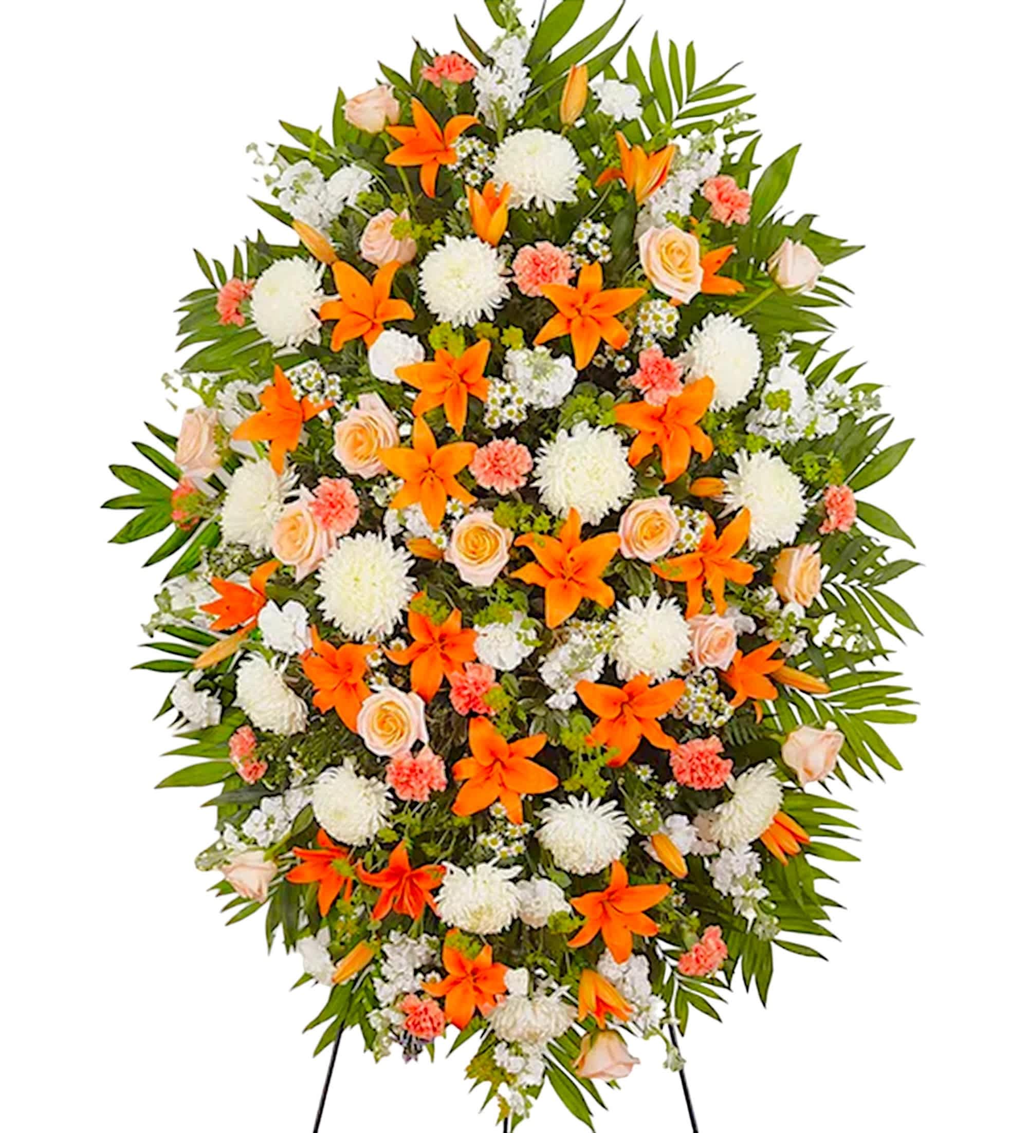 Luxury Peach, Orange and White Sympathy Standing Spray - They drew people in with their welcoming smile and personality. That joyful spirit is captured in our luxury standing spray arrangement. Crafted with warm orange, peach and white blooms, this elegant display creates a touching tribute to someone who brought happiness to so many. Appropriate for the funeral home, memorial service, or gravesite.  DETAILS Peach roses, orange Asiatic lilies, carnations, white carnations, football mums, stock, monte casino, &amp; greenery.   EASEL INCLUDED Orientation: One-Sided *If you would like to add a ribbon with a sentiment for an additional $10 each. Item #NF-1130  FLORIST-TO-DOOR Same day flower delivery on most orders placed online by 12 pm or 10 am on weekends PST.  BLOOM DETAILS Roses Football-Mums Asiatic Lilies Stock Carnations Montecasino Spray Bupleurum Greenery  The Standard Arrangement is approx. 60&quot;H x 40&quot;L without stand The Deluxe Arrangement is approx. 64&quot;H x 42&quot;L without stand The Premium Arrangement is approx. 68&quot;H x 44&quot;L without stand  INSTRUCTIONS: 1.) Please have the business name of the funeral home, address &amp; phone number. 2.) Please have the first name &amp; last name of the deceased. 3.) Please have the start time of the services. 4.) If you would like for us to write a brief message on a small business card-size note, please have your message ready.  NINFA'S FLOWERS 2405 WHITTIER BLVD. LOS ANGELES, CA. 90023