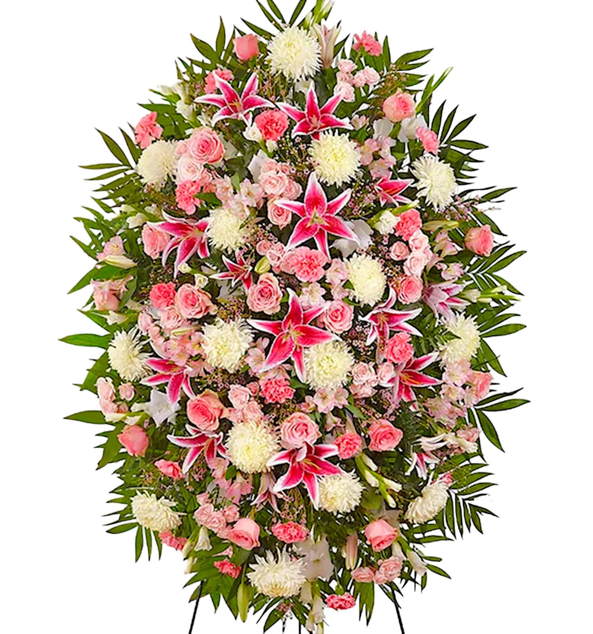 Luxury Pink and White Funeral Standing Spray - The warmth &amp; kindness they showed will live on forever, &amp; sometimes this sentiment is best captured through flowers. Our luxury standing spray arrangement is elegantly crafted with soothing pink &amp; white blooms for a lush, full presentation, creating a truly memorable tribute to someone so loved. Appropriate for the funeral home, memorial service, or gravesite.  DETAILS Pink roses, spray roses, stargazer lilies, alstroemeria, carnations, waxflower, white gladiola, football mums, &amp; greenery.   EASEL INCLUDED Orientation: One-Sided *If you would like to add a ribbon with a sentiment for an additional $10 each. Item #NF-1131  FLORIST-TO-DOOR Same day flower delivery on most orders placed online by 12 pm or 10 am on weekends PST.  BLOOM DETAILS Roses Football-Mums Stargazer Lilies Gladiolas Spray Roses Carnations Alstroemerias Waxflower Greenery  The Standard Arrangement is approx. 60&quot;H x 40&quot;L without stand The Deluxe Arrangement is approx. 64&quot;H x 42&quot;L without stand The Premium Arrangement is approx. 68&quot;H x 44&quot;L without stand  INSTRUCTIONS: 1.) Please have the business name of the funeral home, address &amp; phone number. 2.) Please have the first name &amp; last name of the deceased. 3.) Please have the start time of the services. 4.) If you would like for us to write a brief message on a small business card-size note, please have your message ready.  NINFA'S FLOWERS 2405 WHITTIER BLVD. LOS ANGELES, CA. 90023
