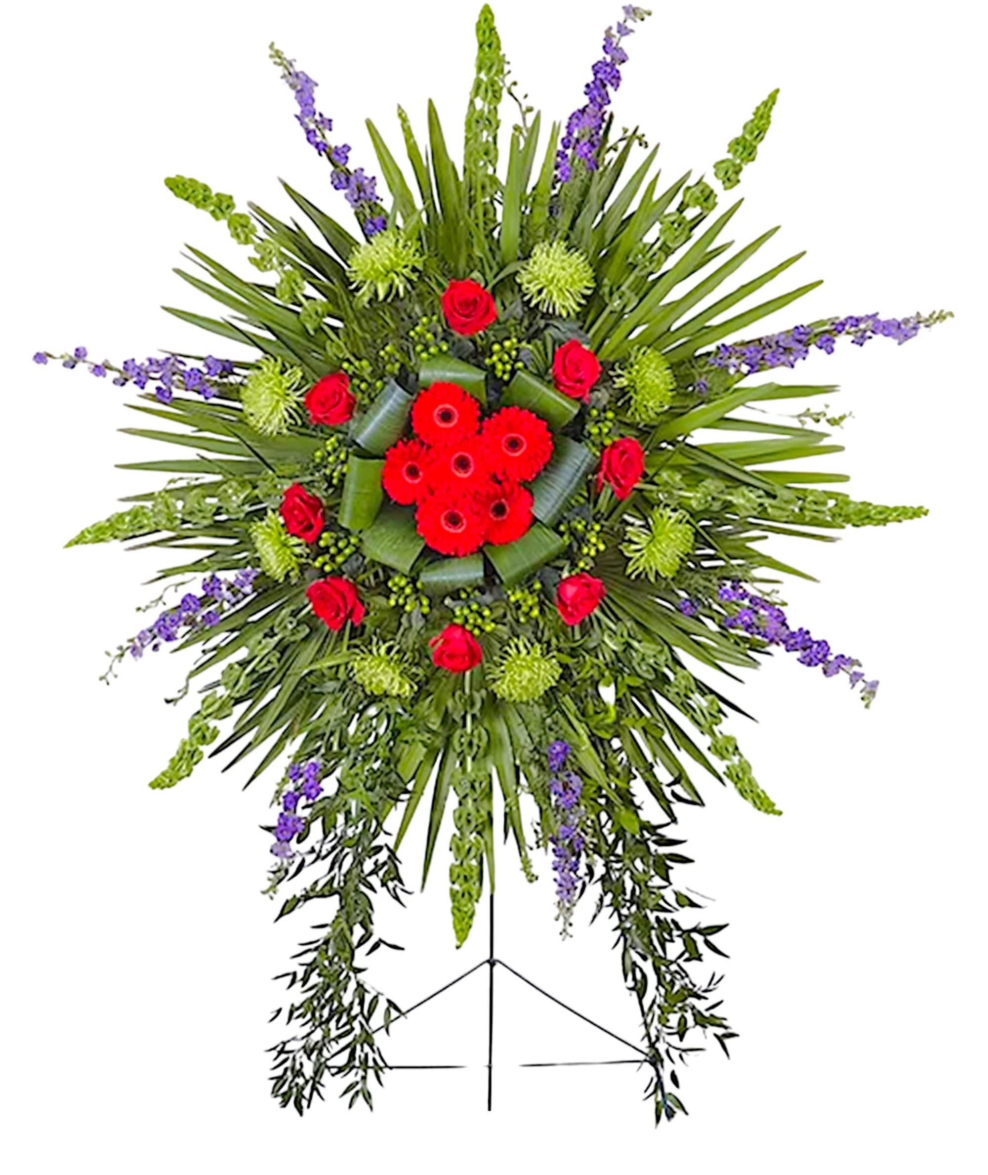 Divine Tribute Standing Spray - When it’s for the one who always radiated warmth and beauty, no ordinary tribute will do. Our Divine Tribute standing spray is a glorious display, indeed. A grand arrangement of vibrant reds, purples and tropical greens in a dramatic radiating design, it features cascades of trailing ruscus for striking accentuation. A truly divine expression of your condolences. Appropriate for the funeral home, memorial service, or gravesite.  DETAILS Green Bells of Ireland, red gerbera daisies, aspidistra leaf, green hypericum, red roses, green spider mums, purple larkspur and assorted greenery.  EASEL INCLUDED Orientation: One-Sided *If you would like to add a ribbon with a sentiment for an additional $10 each. Item #NF-1107   FLORIST-TO-DOOR Same day flower delivery on most orders placed online by 12 pm or 10 am on weekends PST.  BLOOM DETAILS Roses Spider-Mums Larkspur Bells of Ireland Hypericum Greenery  The Standard Arrangement is approx. 50&quot;H x 50&quot;L without stand (66”H with stand) The Deluxe Arrangement is approx. 55&quot;H x 55&quot;L without stand The Premium Arrangement is approx. 60&quot;H x 60&quot;L without stand  INSTRUCTIONS: 1.) Please have the business name of the funeral home, address &amp; phone number. 2.) Please have the first name &amp; last name of the deceased. 3.) Please have the start time of the services. 4.) If you would like for us to write a brief message on a small business card-size note, please have your message ready.  NINFA'S FLOWERS 2405 WHITTIER BLVD. LOS ANGELES, CA. 90023