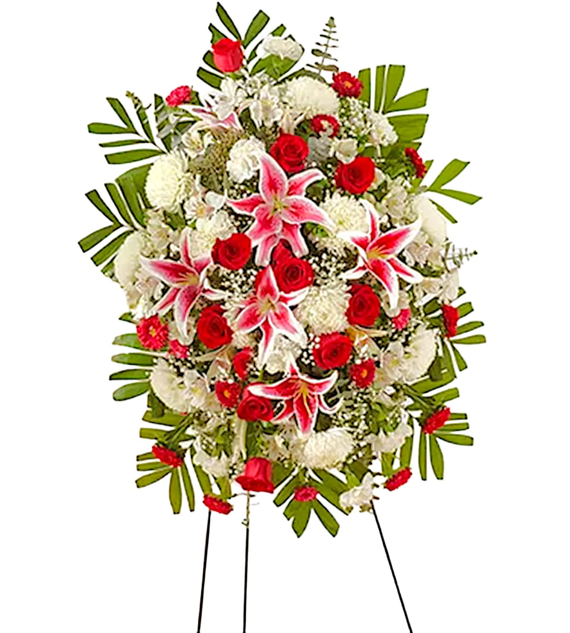 Red Rose and Lily Standing Spray - Celebrate a beautiful life with a truly heartfelt gesture. Our elegant standing sympathy spray is arranged with a gathering of radiant red, soft pink and pure white blooms. A traditional floral display for the services, it’s a touching way to honor the memory of a loved one while expressing your deepest condolences. Appropriate for the funeral home, memorial service, or gravesite.  DETAILS Red roses, Matsumoto asters, pink Stargazer lilies, white alstroemeria, carnations, football mums, accented with spiral and seeded eucalyptus, baby’s breath and assorted greenery.   EASEL INCLUDED Orientation: One-Sided *If you would like to add a ribbon with a sentiment for an additional $10 each. Item #NF-1100  FLORIST-TO-DOOR Same day flower delivery on most orders placed online by 12 pm or 10 am on weekends PST.  BLOOM DETAILS Roses Football-Mums Stargazer Lilies Alstroemerias Carnations Matsumoto Asters Baby's Breath Greenery  The Standard Arrangement is approx. 42&quot;H x 30&quot;L without stand The Deluxe Arrangement is approx. 46&quot;H x 34&quot;L without stand The Premium Arrangement is approx. 56&quot;H x 38&quot;L without stand  INSTRUCTIONS: 1.) Please have the business name of the funeral home, address &amp; phone number. 2.) Please have the first name &amp; last name of the deceased. 3.) Please have the start time of the services. 4.) If you would like for us to write a brief message on a small business card-size note, please have your message ready.  NINFA'S FLOWERS 2405 WHITTIER BLVD. LOS ANGELES, CA. 90023