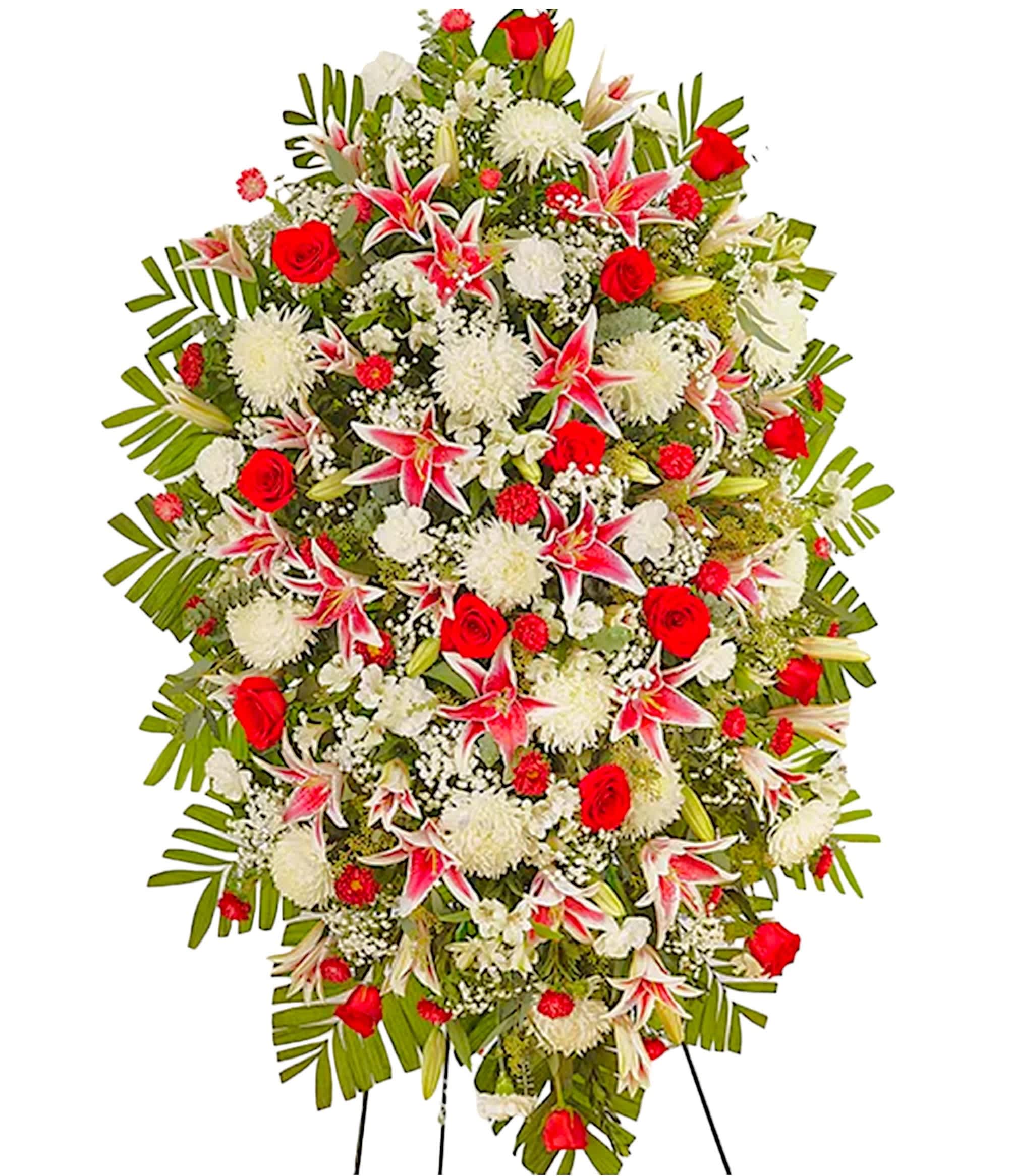 Luxury Red Rose and Lily Standing Spray - Celebrate a beautiful life with a truly heartfelt gesture. Our elegant luxury standing sympathy spray is arranged with a gathering of radiant red, soft pink &amp; pure white blooms. A traditional floral display for the services, it’s a touching way to honor the memory of a loved one while expressing your deepest condolences. Appropriate for the funeral home, memorial service, or gravesite.  DETAILS Red roses, Matsumoto asters, pink stargazer lilies, white alstroemeria, carnations, football mums, spiral and seeded eucalyptus, baby’s breath &amp; greenery.   EASEL INCLUDED Orientation: One-Sided *If you would like to add a ribbon with a sentiment for an additional $10 each. Item #NF-1134  FLORIST-TO-DOOR Same day flower delivery on most orders placed online by 12 pm or 10 am on weekends PST.  BLOOM DETAILS Roses Football-Mums Stargazer Lilies Alstroemerias Carnations Matsumoto Asters Baby's Breath Greenery  The Standard Arrangement is approx. 60&quot;H x 40&quot;L without stand The Deluxe Arrangement is approx. 64&quot;H x 42&quot;L without stand The Premium Arrangement is approx. 68&quot;H x 44&quot;L without stand  INSTRUCTIONS: 1.) Please have the business name of the funeral home, address &amp; phone number. 2.) Please have the first name &amp; last name of the deceased. 3.) Please have the start time of the services. 4.) If you would like for us to write a brief message on a small business card-size note, please have your message ready.  NINFA'S FLOWERS 2405 WHITTIER BLVD. LOS ANGELES, CA. 90023