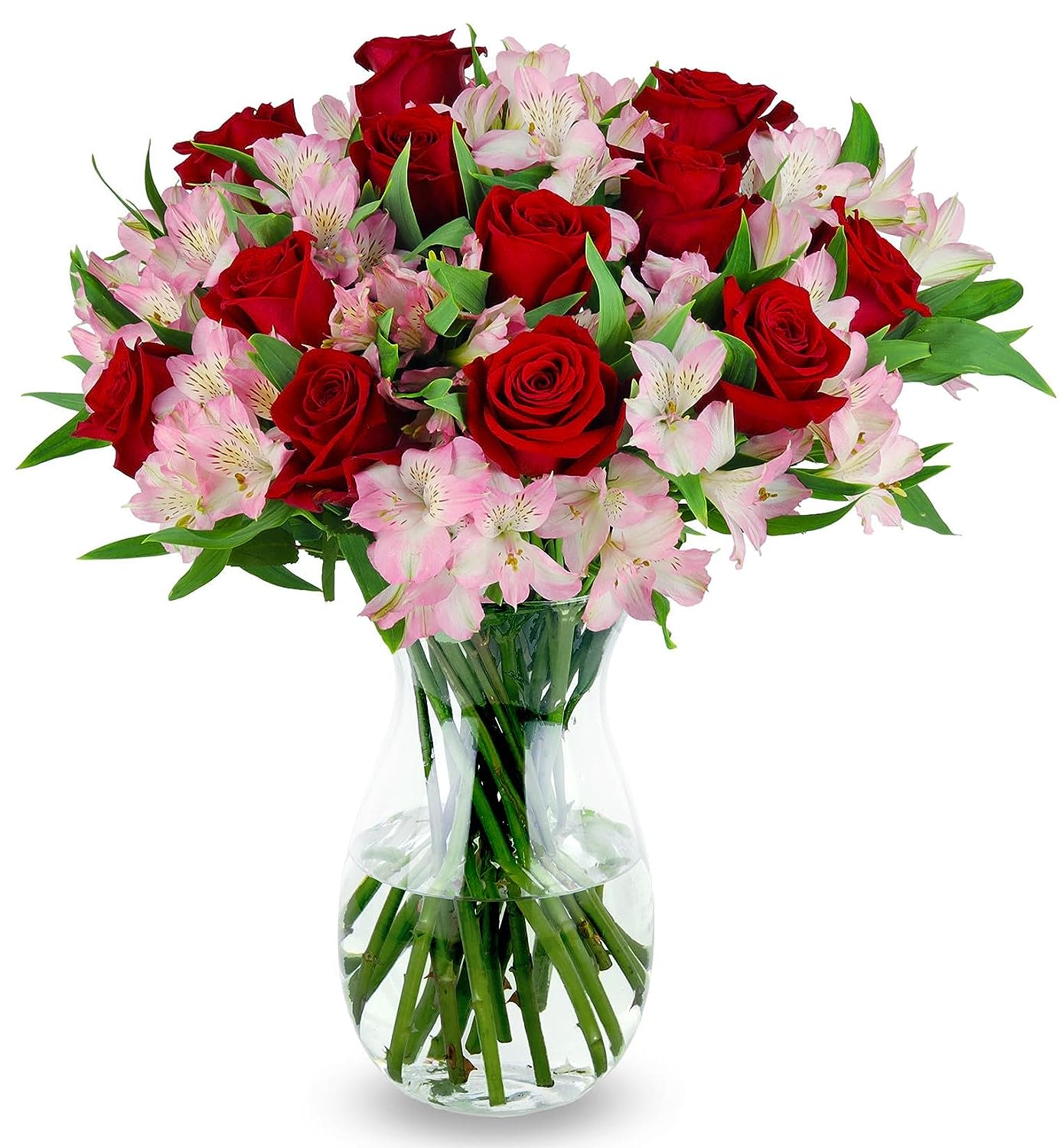The Crimsom Lady - Red roses and light pink alstromeria lilies designed in a clear vase with minimal foliage to accent the beauty of the flowers. Great for any occassion.
