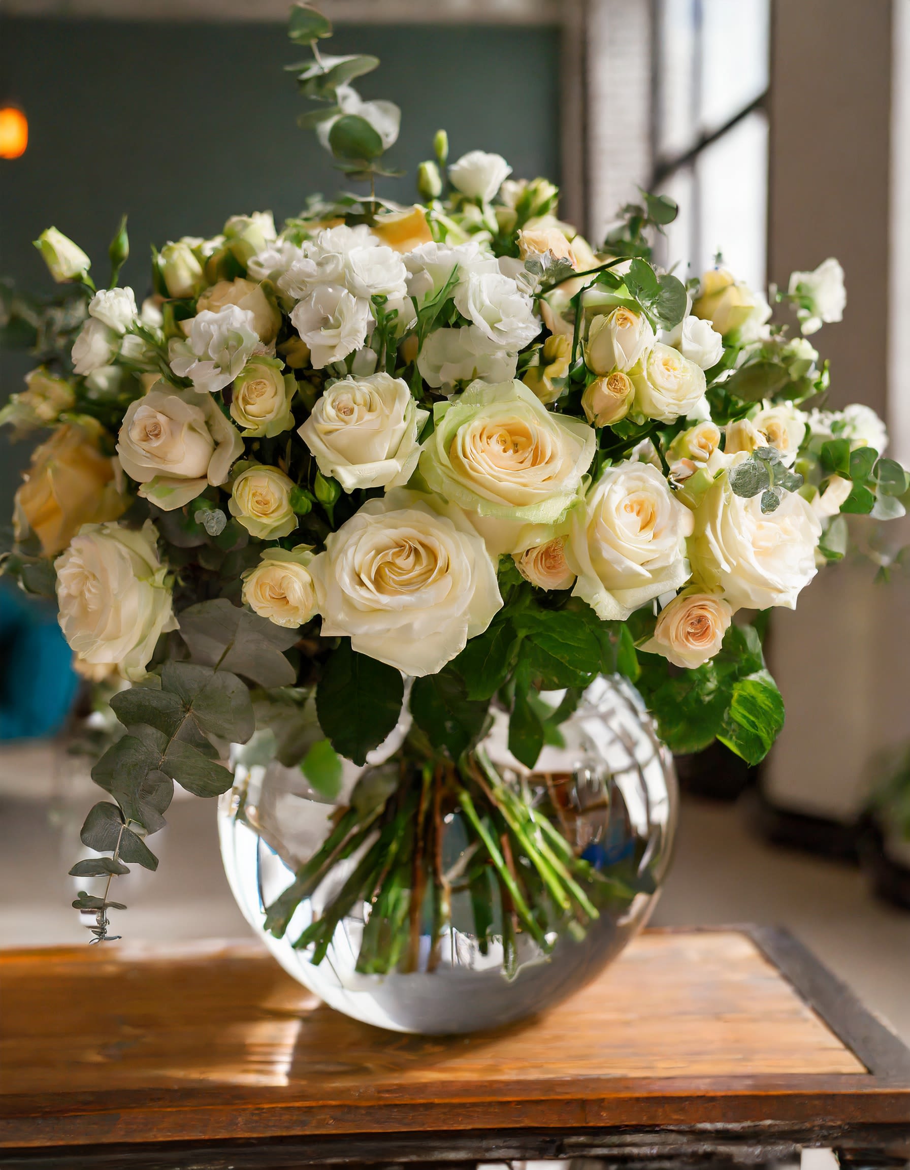 My Flowers of Dream  - Create a breathtaking arrangement with white roses and Lisianthus in a transparent vase. The vibrant green Eucalyptus leaves add a delightful contrast, enhancing the beauty and aroma of the display.