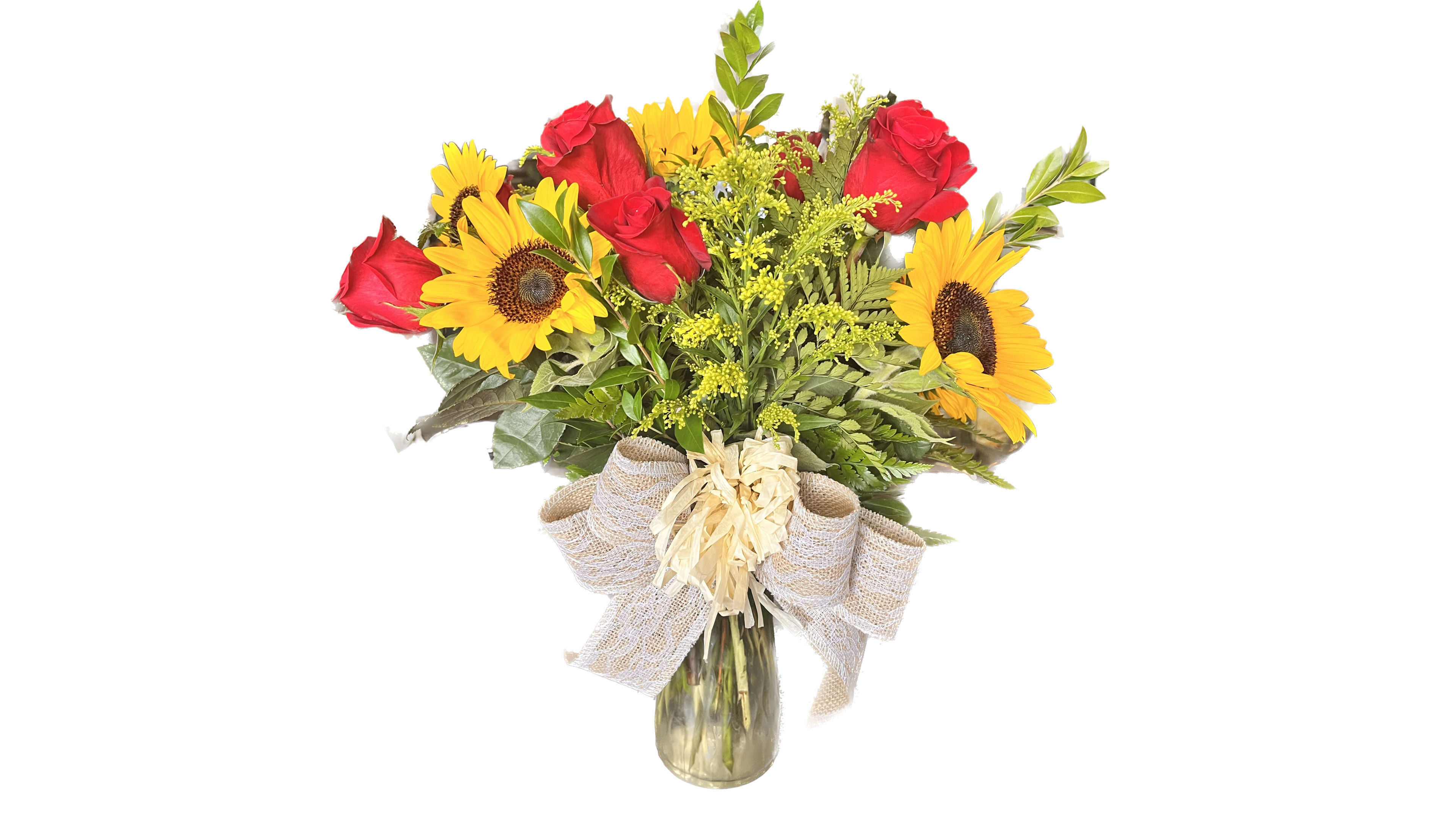 the stomper  - sunflowers, red roses, solidago 