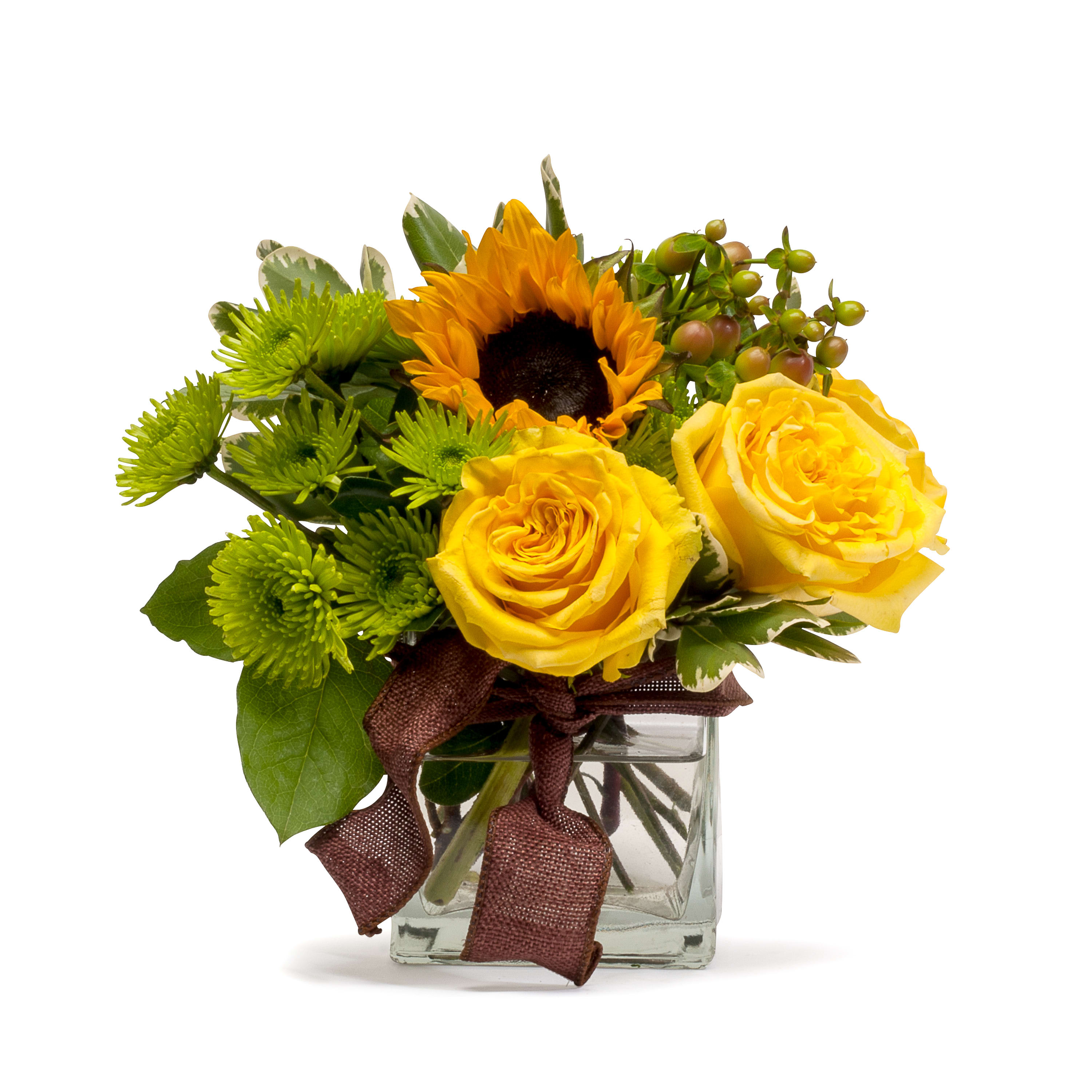 Fencepost TMF13-200 - Bright yellow roses and sunflowers, accented with bright greens mums are sure to bring smiles and brighten spirits. 