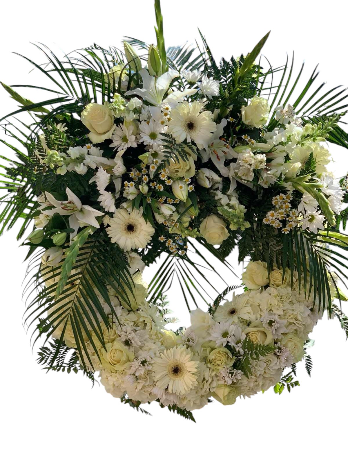 Sympathy Wreath Sympathy Wreath - all white sympathy wreath ( colors may be changed upon request) this arrangement includes hydrangea, roses, spray roses, lily, snapdragons, gerber daisy, daisy, gladiolus, and greenery.