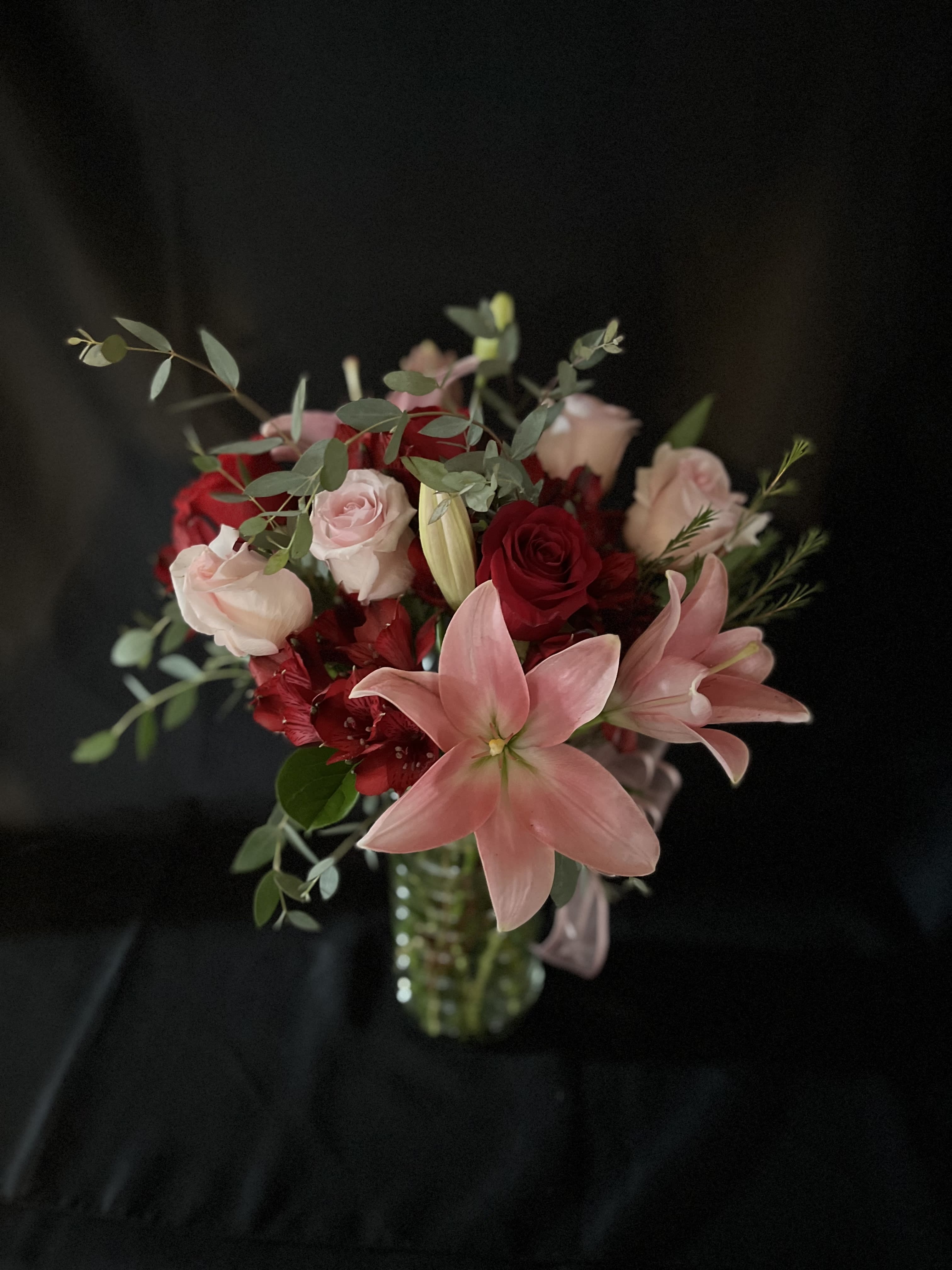 Rosey n Lily Bouquet - Red, pink, roses and lilies with beautiful green foliage.     