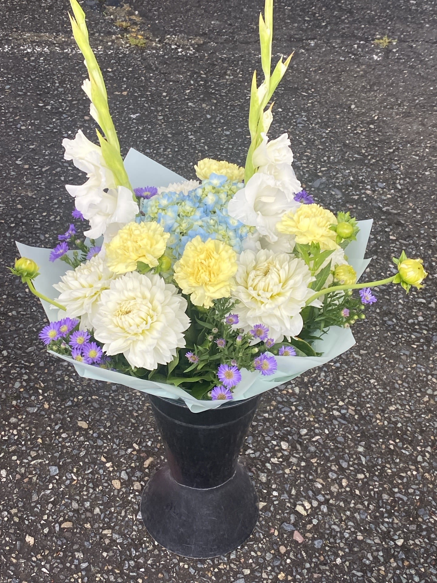 baby blue - An artistic and soft arrangement is a pleaser and interesting as it is impressive. baby blue, and White is an architectural design give this arrangement its unique appeal. Wrap or Vase same price  APPROXIMATE DIMENSIONS       12&quot;W X 18&quot;H Standard                                                            14&quot;W X 22&quot;H Deluxe                                                           16&quot;W X 25&quot;H   Premium 