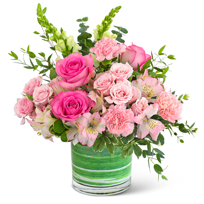 Spring Mist - Beautiful vase of snappdrgons, roses and alstromeria lilies.