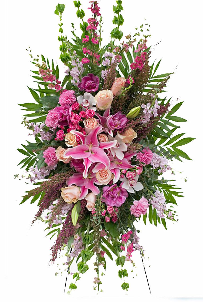Sweet Pinks Standing Spray Sweet Pinks Standing Spray - Sweet pinks standing spray made with Stargazer Lilies, Roses, Orchids, Carnations, Larkspur and fillers.