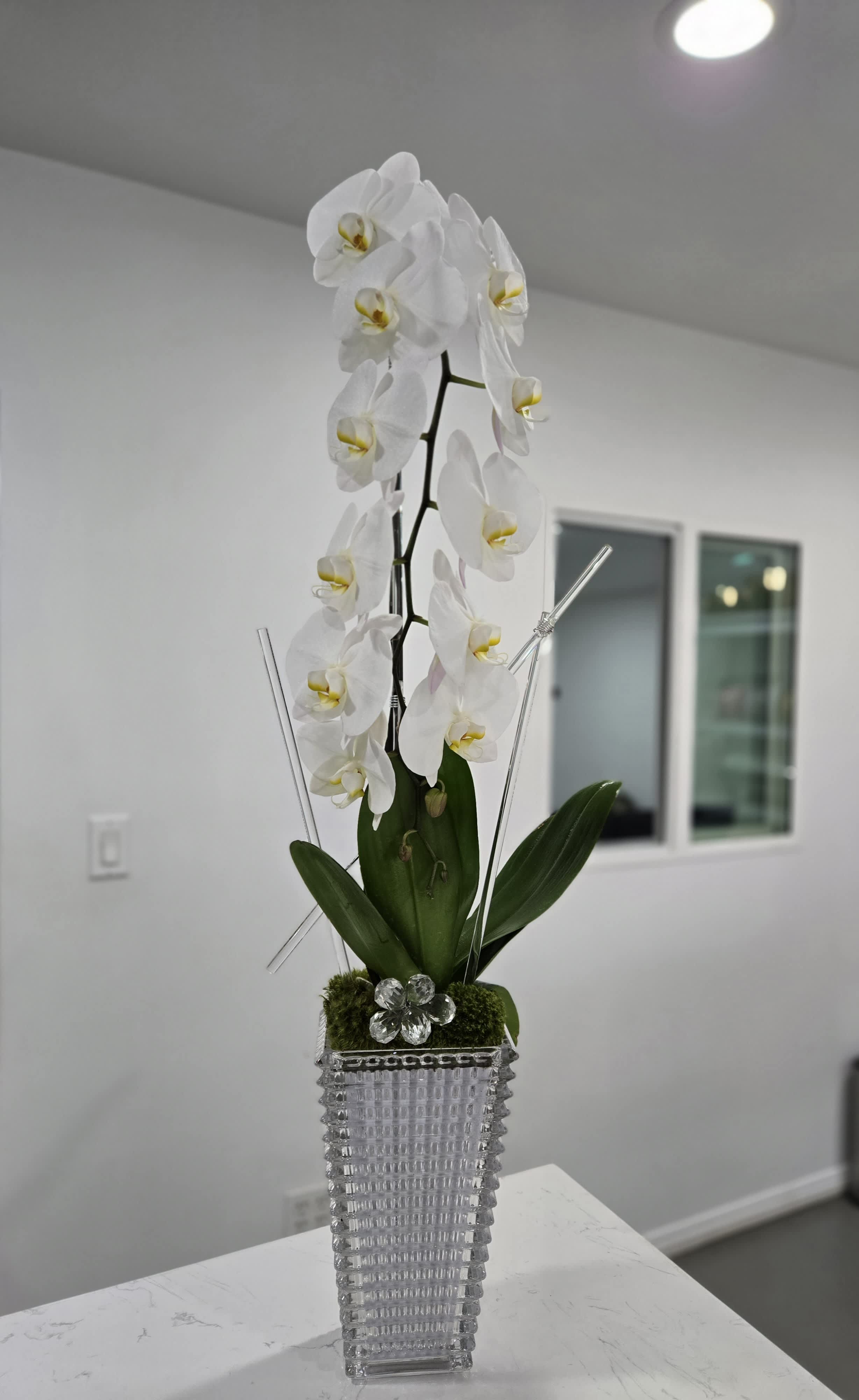 Crystal Orchid - The &quot;Crystal Orchid Elegance&quot; arrangement showcases the timeless beauty of cascading white orchids, delicately arranged in a crystal-clear vase. This refined piece brings an air of sophistication and tranquility, making it the perfect accent for any home or office. The ethereal white blooms of the orchids symbolize purity and elegance, while the crystal vase adds a luxurious touch, reflecting light and enhancing the beauty of the flowers. With its graceful, minimalist design, this arrangement exudes a sense of calm and effortless style, creating a serene focal point in any space.