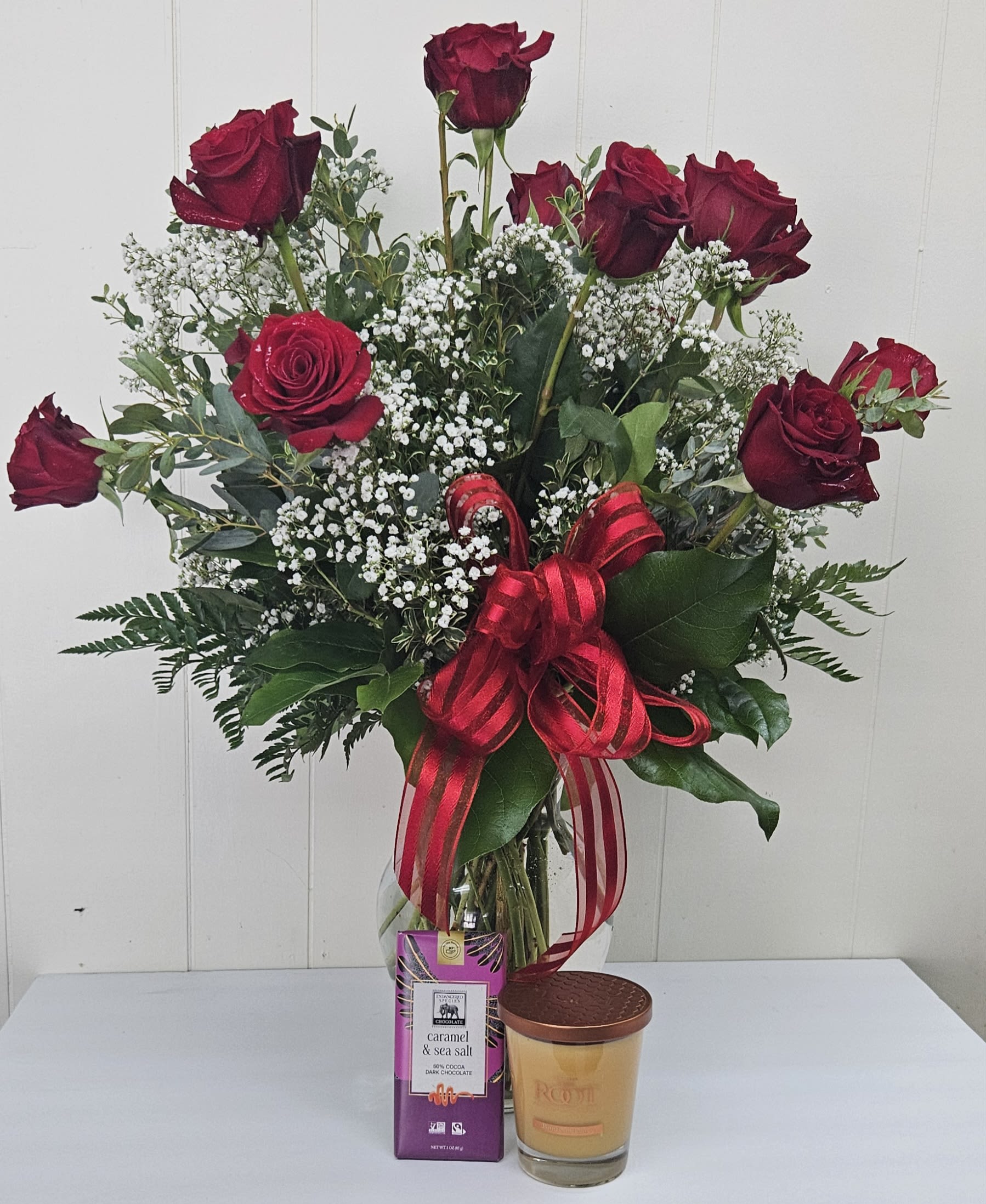 Love Bundle 1 Love Bundle 1 - Dozen Roses with Babies Breath, Carmel Chocolate Bar and Root Candle