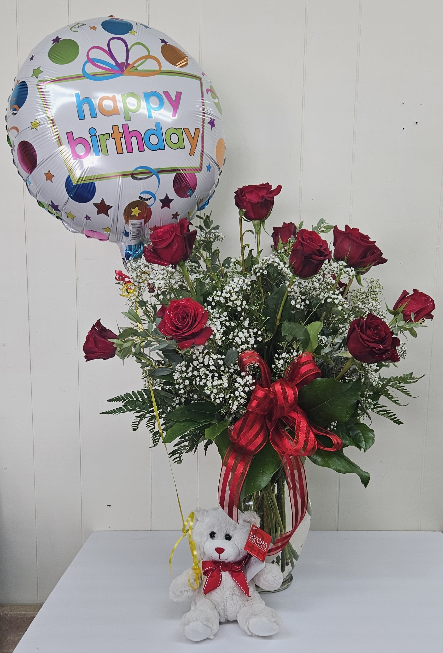 Love Bundle 2 - Dozen Roses with Baby's Breath, Balloon and Soft Teddy