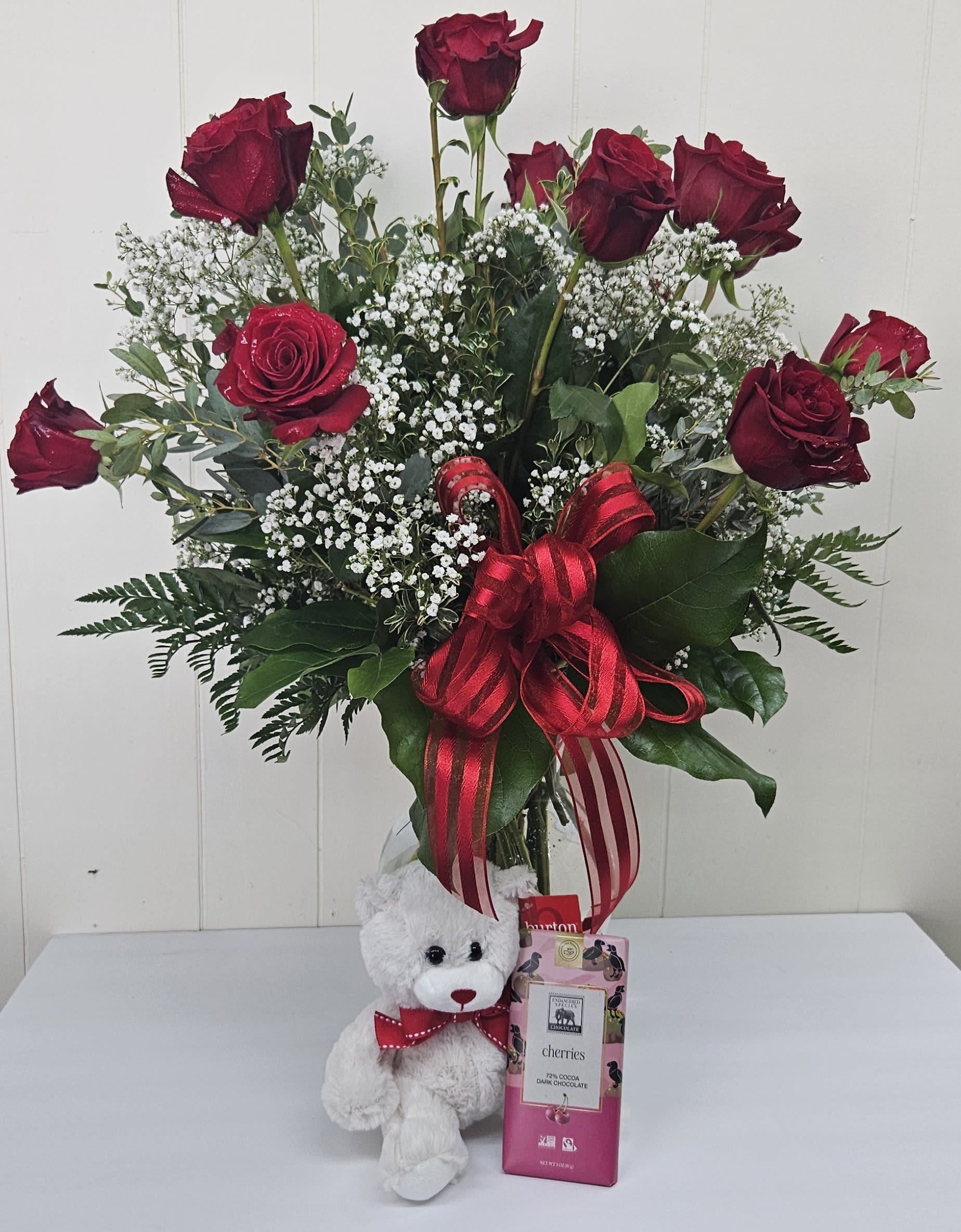 Love Bundle 3 - Dozen Roses with Baby's Breath, Soft Teddy Bear and Cherries Chocolate Bar