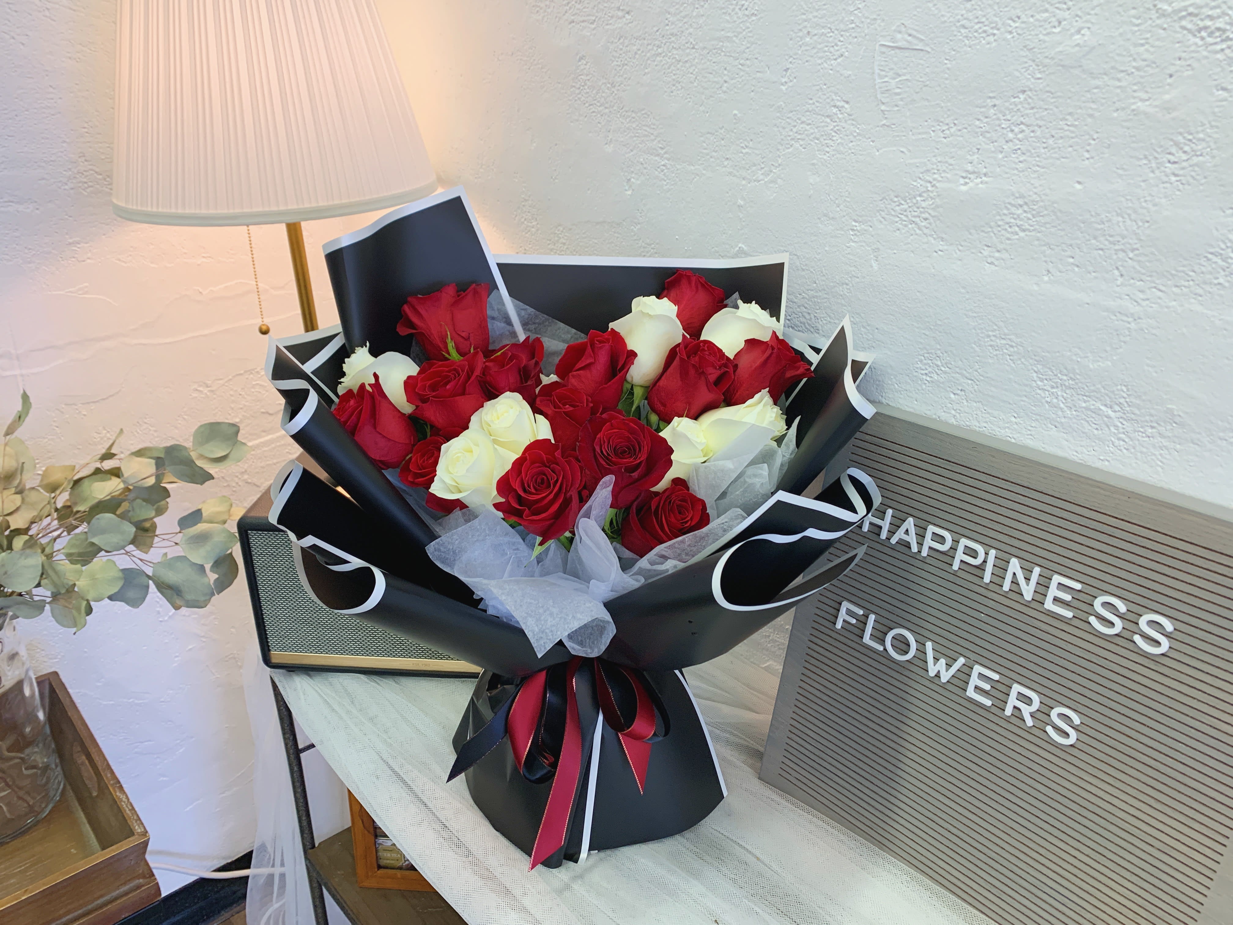 Red and White Roses Bouquet  - Choice of any color roses with white roses. Please let me know which combination you like. Please Note: This Arrangement Does Not Come With Vase, It Has Water Bag Underneath to Hold Water