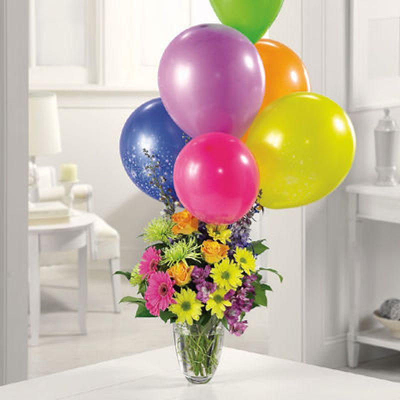 Party Time! - The party begins when this vase full of flowers and balloons arrives! Roses, Fuji mums, alstroemeria and more!