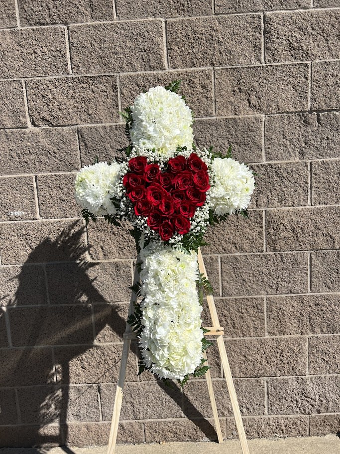 Love sympathy cross  - Beautiful all white cross with a nice red heart in the center. 