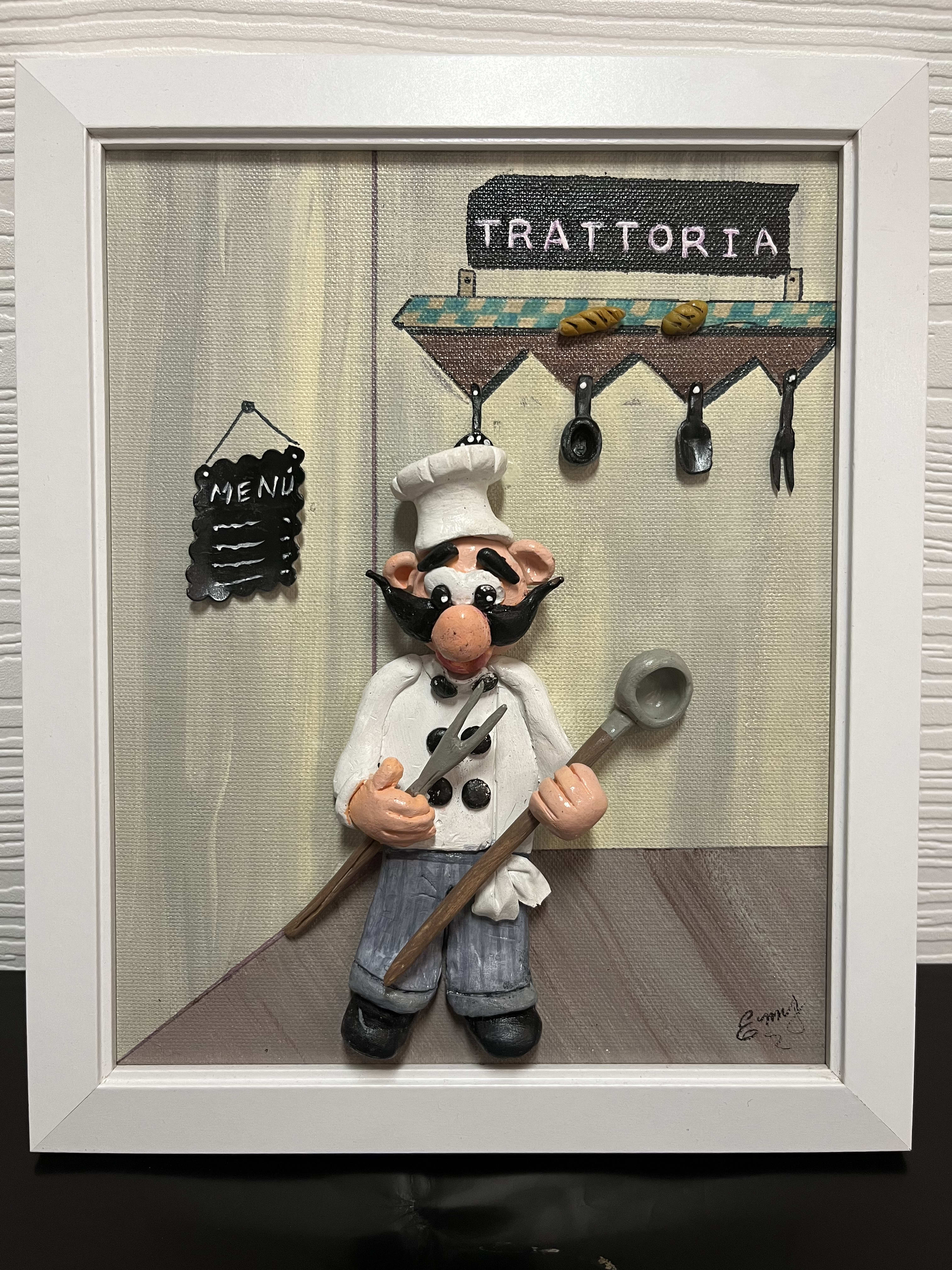 Trattoria  - A completely hand made, molded clay, painted on a 9.5”x11.5” wooden frame. Check out the little details! One of a kind!