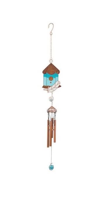 Bird House Suncatcher Mini-Chime - This colorful sun catcher mini chime is 26in long. Glass color will vary. Sold individually for $28.75 or displayed on an easel with floral design for $48.75. It can also be mounted on a shepherds hook planted in a dish garden planter of assorted living plants and fresh cut flowers (Premium Option).