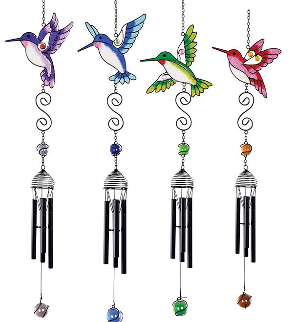 Humming Bird Suncatcher Mini-Chime - Wind chimes are gift-wrapped for $28.75. They can also be displayed on an easel with a small fresh floral arrangement for $48.75. It can also be mounted on a shepherds hook planted in a dish garden planter of assorted living plants and fresh cut flowers (Premium Option).