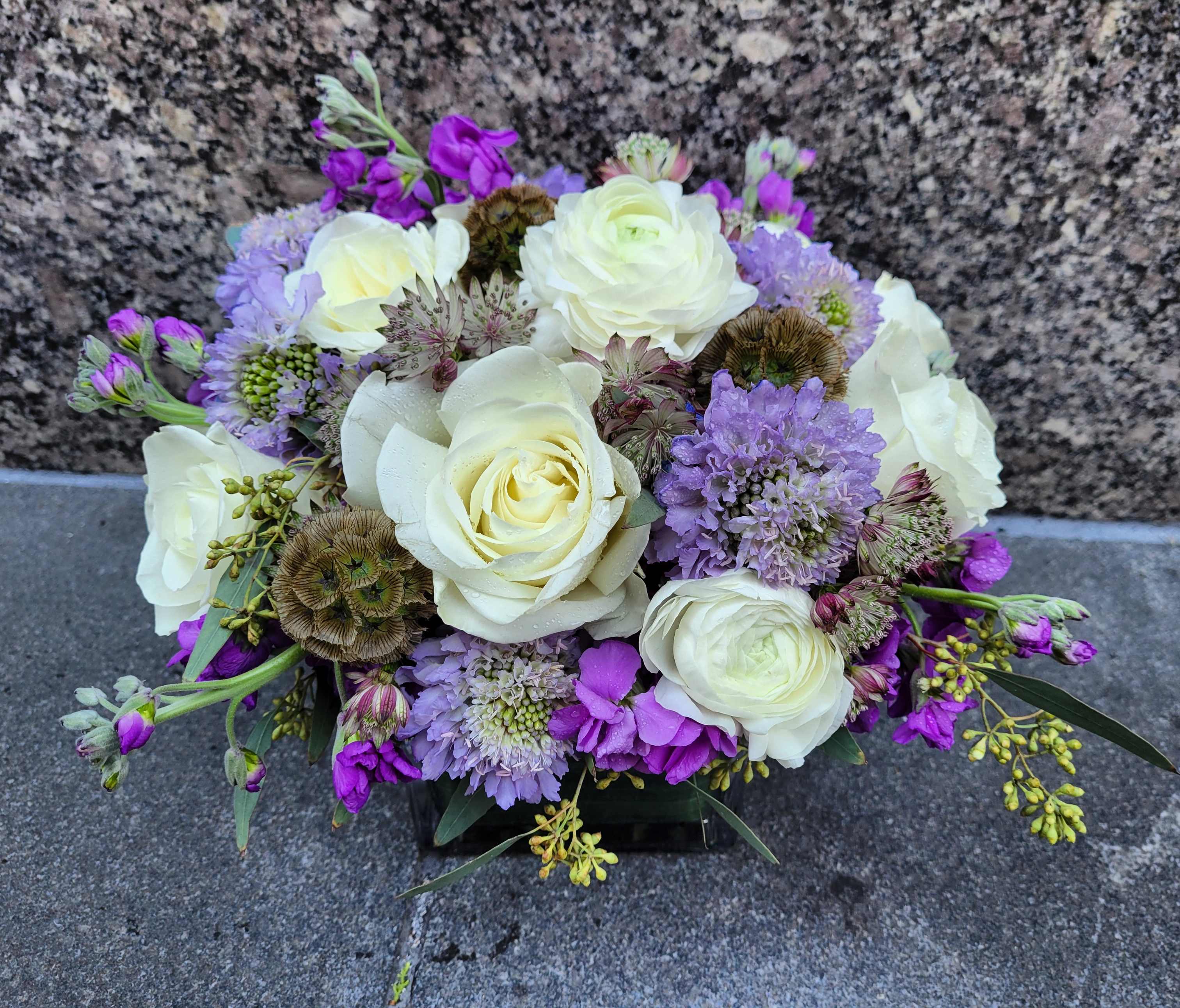 Lavender Mist  - Introducing our Lavender Mist Floral Arrangement, where the timeless beauty of white roses meets the delicate charm of purple stock and scabiosa blooms. Each pristine white rose exudes elegance and purity, while the lavender accents add a touch of whimsical romance. The soft hues and fragrant blooms create a harmonious composition that captures the essence of tranquility and grace. Perfect for bringing a sense of serenity and sophistication to any space, this arrangement is a symphony of beauty and charm.