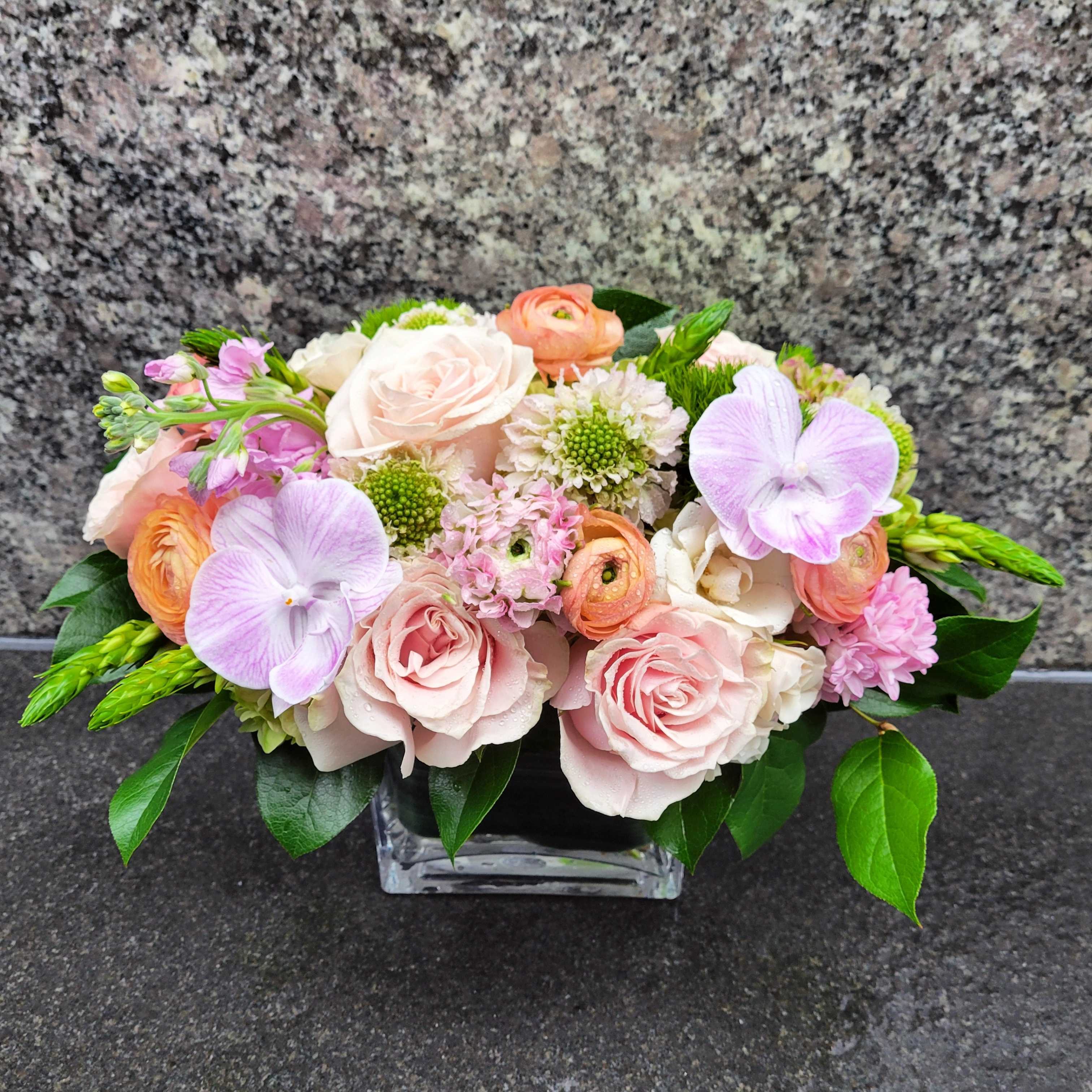 Pastel Paradise - Soft-hued roses, delicate ranunculus, charming scabiosa, and fragrant stock come together in a symphony of gentle colors. Each bloom whispers tales of springtime serenity, evoking a sense of tranquility and beauty. This enchanting arrangement is perfect for those who appreciate the subtlety of pastel tones, adding a touch of timeless elegance to any space or occasion.