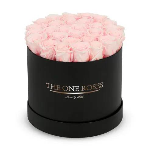 Round Flat | Classic Black Box fairy tale pink Round Flat | Classic Black Box fairy tale pink - The "runway round collection" consists of unique, real preserved roses in classic round handcrafted luxury soft touch box with a top. About 25-30 stems of the one long lasting (med size) preserved roses.  Durability: approx. 1-3 years.  Our roses, which are carefully sourced from the highest quality gardens in Ecuador, are made to represent the eternal yet ephemeral nature of Love itself. Our Roses are specially customized with essential oils to increase the fragrance.  Product Care: DO NOT Water the roses! AVOID direct exposure to sunlight. Keep the arrangement in a room-temperature environment. If dust collects after a few months, remove it lightly using a duster. DO NOT place anything onto the roses as they can crush and damage the roses. DO NOT remove the roses from the box; they are secure and happy there. DO NOT allow roses to have direct contact with light colored fabric or surfaces, as staining may occur. The lid is meant to stay on the side or bottom of the box. Be mindful when carrying the arrangement: it's a very delicate product!