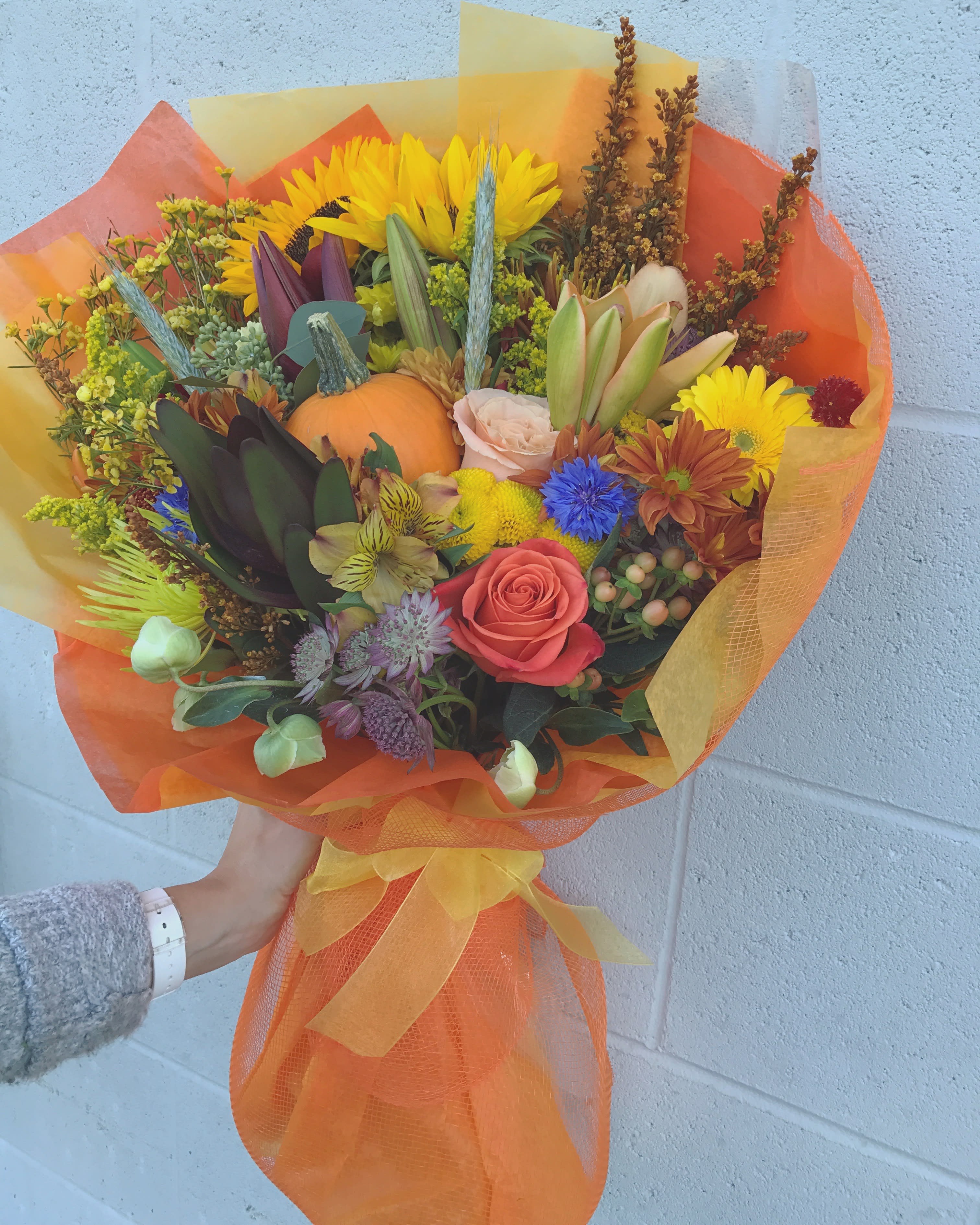 Fresh Cut Bouquet Fall Pumpkin Dream - Fall colors and flowers bouquet with pumpkin! It's deluxe bouquet on the picture. Regular one will have less flowers but will still have a pumpkin. 