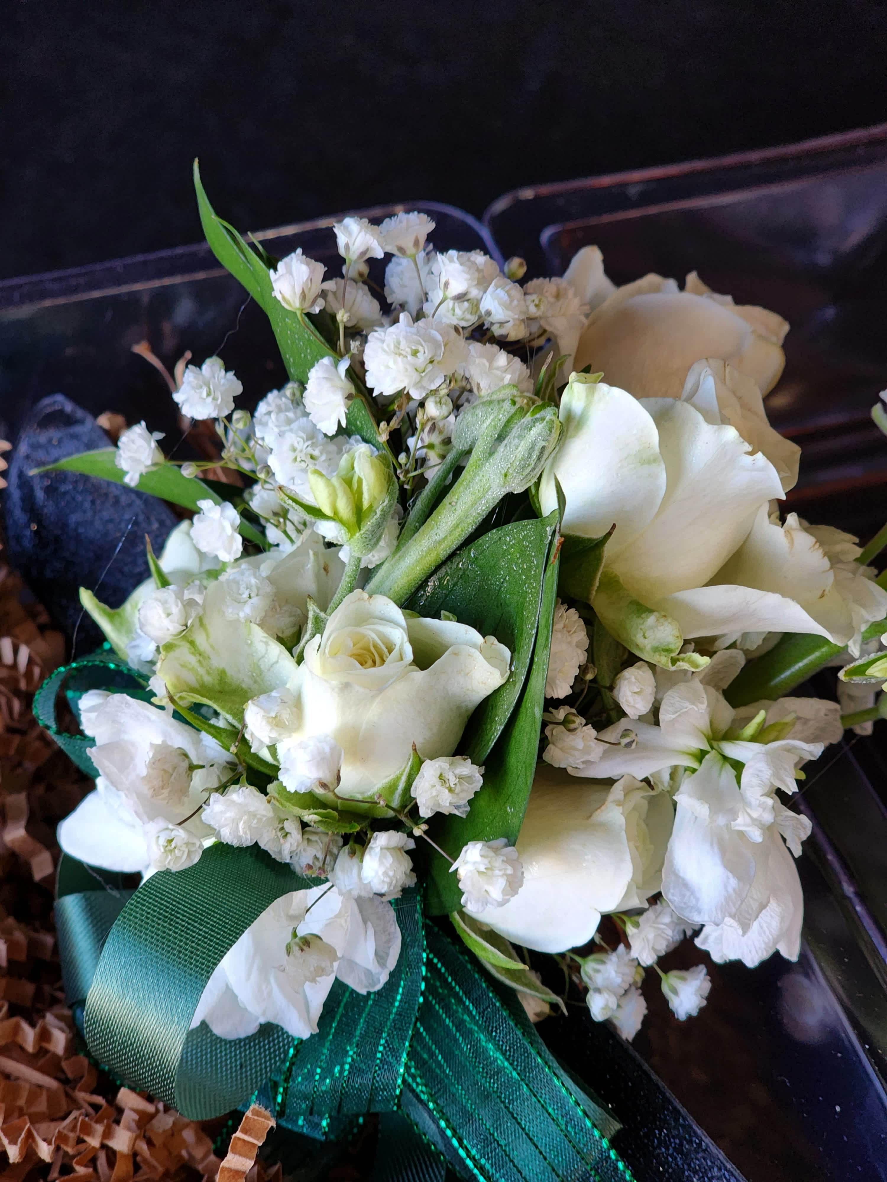 Classic White Open Heart with Green Corsage Classic White Open Heart with Green Corsage