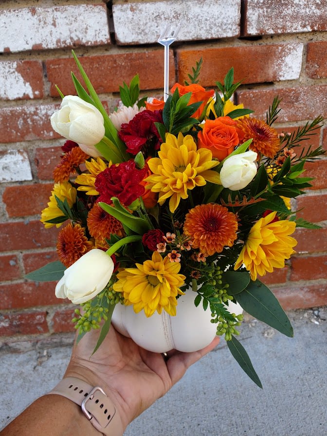 Hello Pumpkin - AVAILABLE DURING FALL  Mixed fall flowers with white tulips