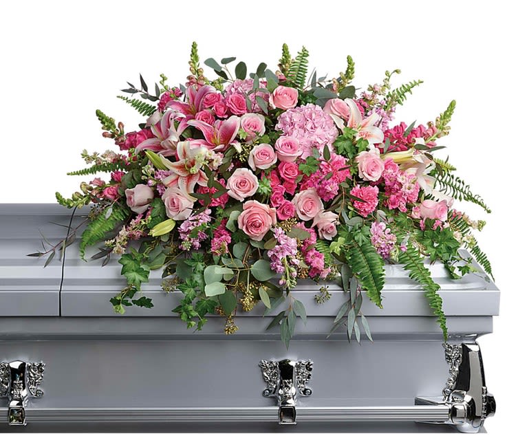 Forever In My Heart Forever In My Heart - Like your beautiful, sweet memories, this amazing spray of pink hydrangeas, roses and lilies will take your breath away. A fresh, feminine symbol of love and hope for the funeral service. This statement making sympathy spray features pink hydrangeas, pink stargazer lilies, pink roses, pink spray roses, pink larkspur, pink snapdragons, pink carnations, pink stock, and various greenery including eucalyptus, sword fern, and more. Our arrangements are unique, custom gifts designed by hand. Mother Nature changes our farm-fresh inventory every morning; to assure your gift is fresh and gorgeous our artists may need to make substitutions but will capture the color & style of your selection to deliver a "WOW" for your recipient.