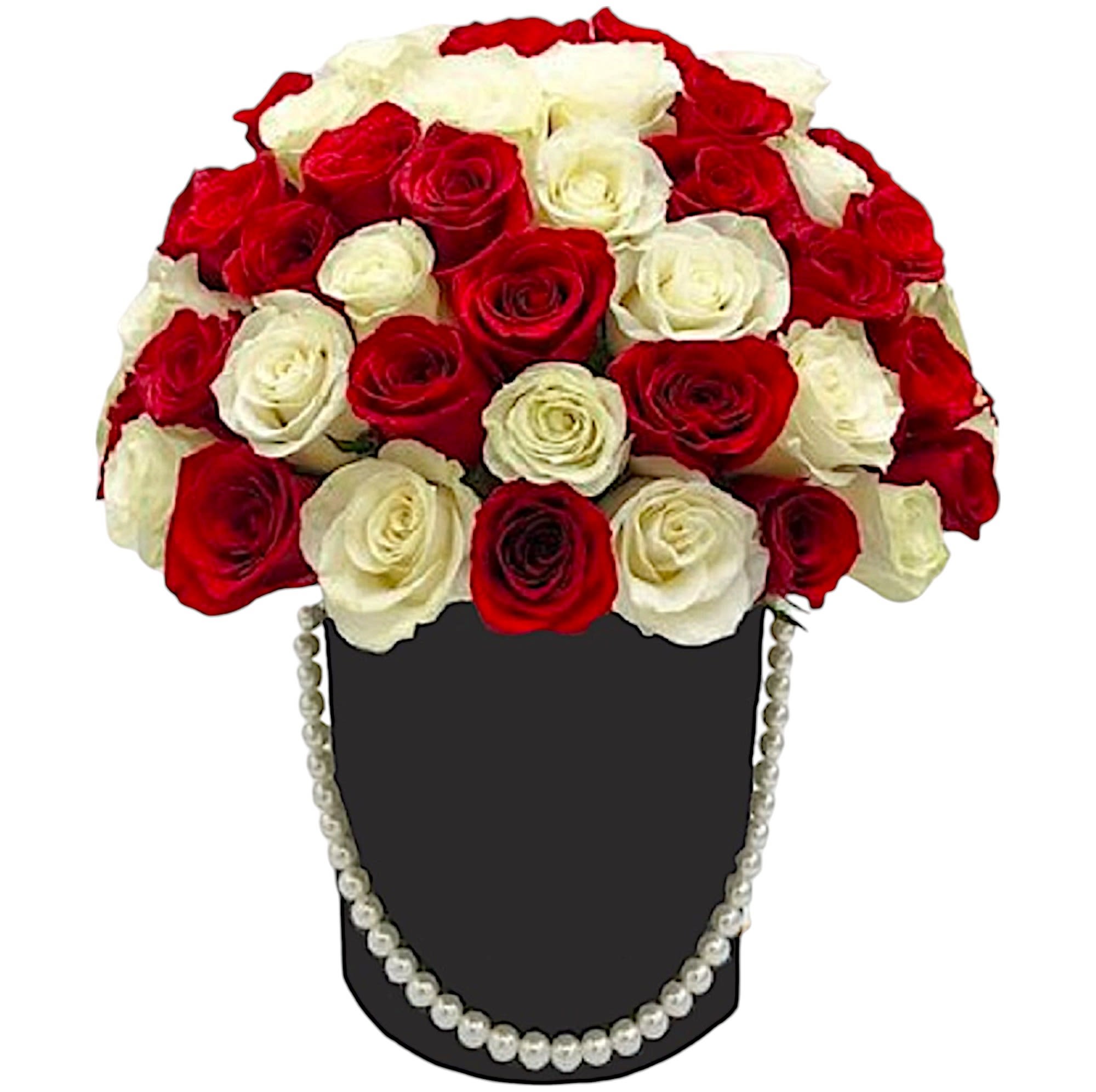 Red and White Roses Cylinder Box Arrangement - A modern flower arrangement in a heart box filled with roses.  DETAILS This cylinder box arrangement includes red and white, arranged in a black cylinder box.  CYLINDER BOX INCLUDED Orientation: One-Sided Item #NF-31  FLORIST-TO-DOOR Same day flower delivery on most orders placed online by 12 pm or 10 am on weekends PST.  BLOOM DETAILS Roses  The Standard Arrangement - 4 Dozen Roses (SHOWN)  How to place an order?  1. You can place an order directly on this secure website. OR 2. You can call in your order by dialing: (323) 262 - 9238 OR 3. You can visit our store (appointment recommended 323.262.9238)  NINFA'S FLOWERS 2405 WHITTIER BLVD. LOS ANGELES, CA. 90023  ATTENTION: *Please note that on busy holidays, Valentine's Day, and Mother's Day, we cannot verify if the recipient received the flowers until the following day. You can verify delivery on the website after 10:00 pm, call 323.262.9238 the following day after 10:00 am, or contact the recipient directly. Thank you for your patience and understanding.