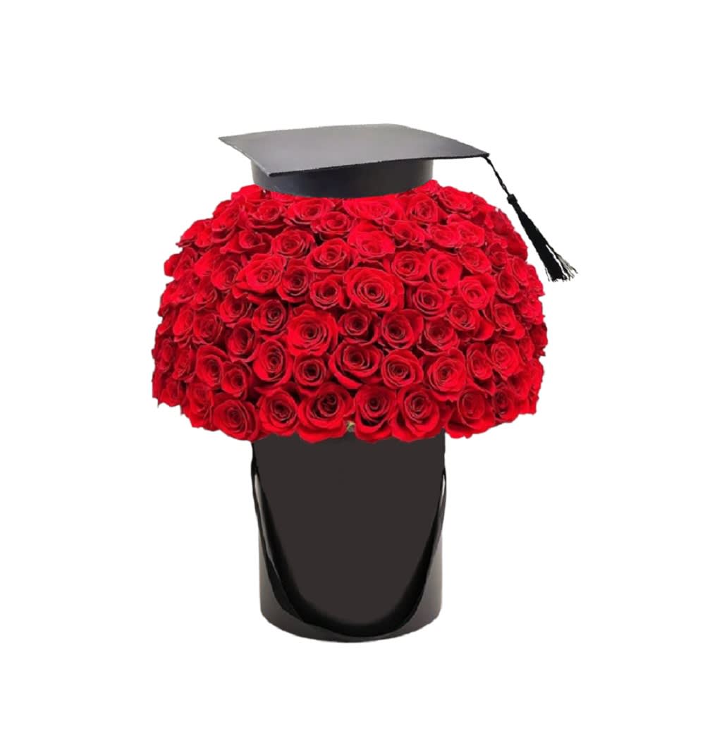Luxury Congrats Grad - Red Roses - Congrats Grad! What a fantastic way to Congratulate the Graduate with these lovely red roses. It also makes a nice gift for a teacher or Professor.  DETAILS Red roses arranged in a black cylinder box.  DECORATIVE GRADUATION HAT INCLUDED Orientation: One-Sided Item #NF-39  FLORIST-TO-DOOR Same day flower delivery on most orders placed online by 12 pm or 10 am on weekends PST.  BLOOM DETAILS Roses  The Standard Arrangement (75 Roses)  How to place an order? 1. You can place an order directly on this secure website OR 2. You can call in your order by dialing: (323) 262 - 9238 OR 3. You can visit our store (appointment recommended 323.262.9238)  NINFA'S FLOWERS 2405 WHITTIER BLVD. LOS ANGELES, CA. 90023  ATTENTION: *Please note that on busy holidays, Valentine's Day, and Mother's Day, we cannot verify if the recipient received the flowers until the following day. You can verify delivery on the website after 10:00 pm, call 323.262.9238 the following day after 10:00 am, or contact the recipient directly. Thank you for your patience and understanding.