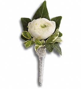 Blissful White Boutonniere Blissful White Boutonniere - One ravishing white ranunculus radiates classic style. White ranunculus with an ivy leaf and pitta negra, wrapped in an ivory satin ribbon. Approximately 2 1/2" W x 5" H Orientation: N/A