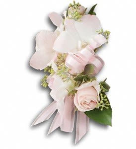 Beautiful Blush Corsage - A pale pink rose and dendrobium orchid highlight your beauty.  Light pink roses and dendrobium orchids are accented with seeded eucalyptus and Israeli ruscus.  Approximately 4&quot; W x 6 1/4&quot; H  Orientation: N/A