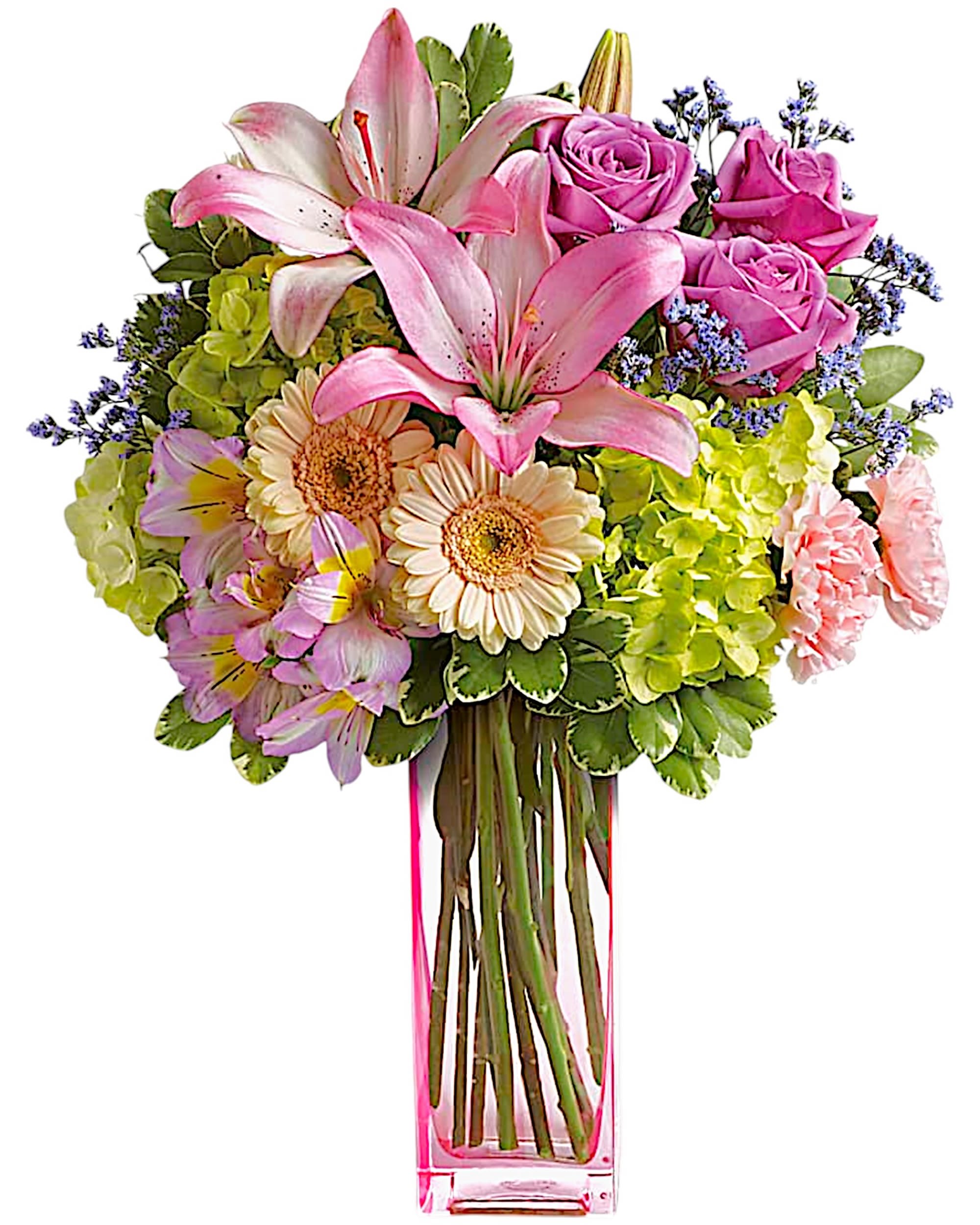 Artfully Yours - A lovely surprise no matter the occasion, this gorgeous blend of hydrangea, roses and lilies is hand-delivered in a pink glass vase.  DETAILS Surprise them with this arrangement of green hydrangea, lavender roses, crème spray roses, pink asiatic lilies, miniature peach gerberas, pink alstroemeria, light pink carnations, lavender limonium and variegated pittosporum.  VASE INCLUDED Orientation: All-Around Item #NF-81  FLORIST-TO-DOOR Same day flower delivery on most orders placed online by 12 pm or 10 am on weekends PST.  BLOOM DETAILS Roses Hydrangeas Spray Roses Asiatic Lilies Gerbera Daisies Alstroemeria Carnations Limonium Filler Greenery  The Standard Arrangement is approx. 18&quot; H X 14&quot; W  The Deluxe Arrangement is approx. 19&quot; H X 15&quot; W The Premium Arrangement is approx. 20&quot; H X 16&quot; W  How to place an order? 1. You can place an order directly on this secure website OR 2. You can call in your order by dialing: (323) 262 - 9238 OR 3. You can visit our store (appointment recommended 323.262.9238)  NINFA'S FLOWERS 2405 WHITTIER BLVD. LOS ANGELES, CA. 90023  ATTENTION: *Please note that on busy holidays, Valentine's Day, and Mother's Day, we cannot verify if the recipient received the flowers until the following day. You can verify delivery on the website after 10:00 pm, call 323.262.9238 the following day after 10:00 am, or contact the recipient directly. Thank you for your patience and understanding.