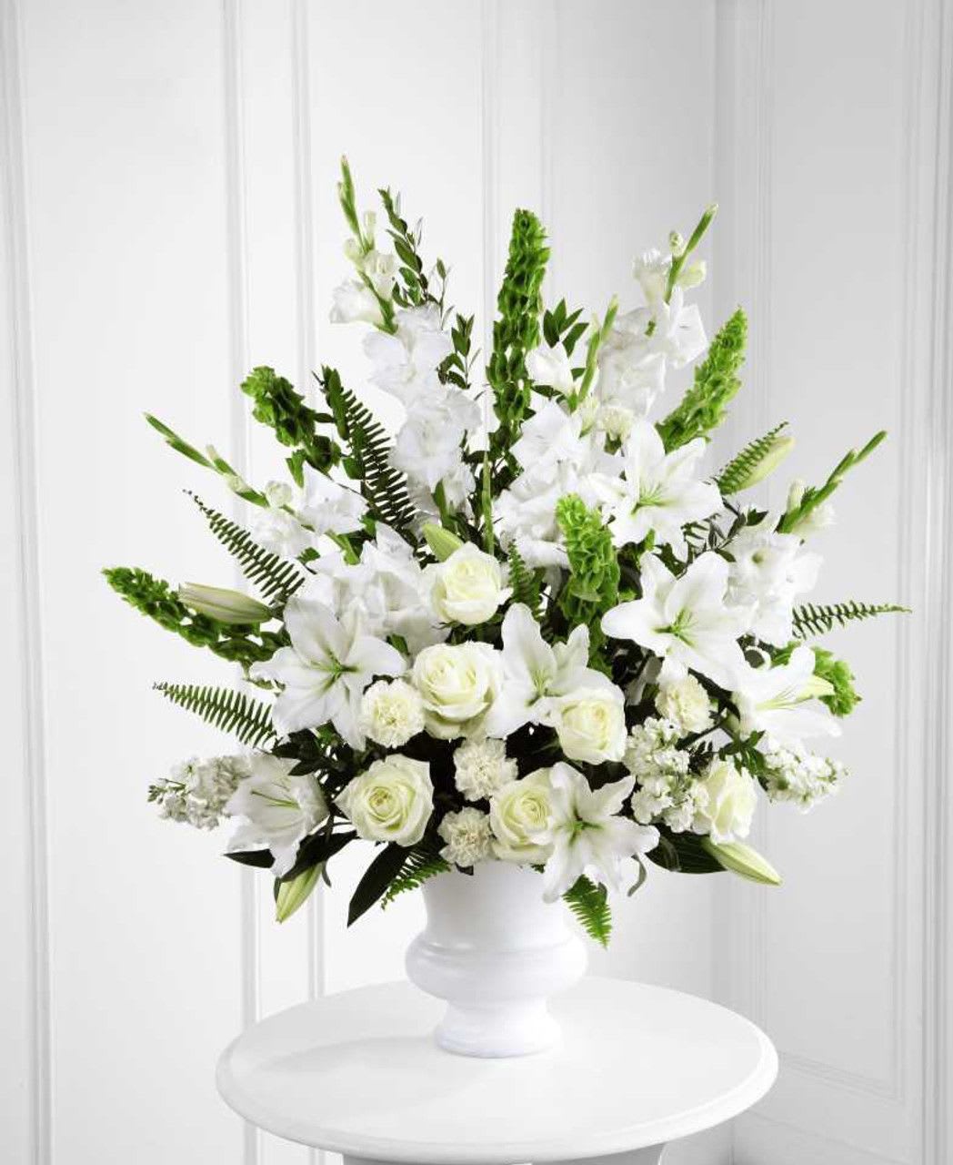 All White Sympathy Basket 3 - All white sympathy basket made of Carnations, Lilies, Roses and Glads
