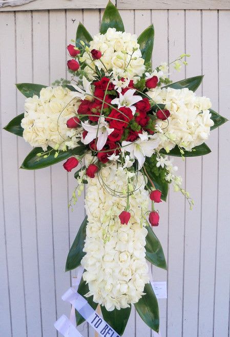 Deluxe Standing Cross 5 - Deluxe standing cross made with carnation,roses &amp; lilies.