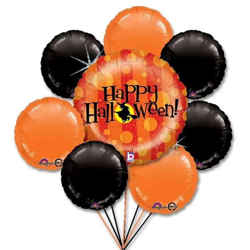 Halloween Bouquet Halloween Bouquet - Halloween balloon bouquet 1-18in Descriptive Balloon 7- 12in black and orange balloons All tied to a festive weight... Add a box of candy/chocolate, mug, stuffed animal to finish off the look