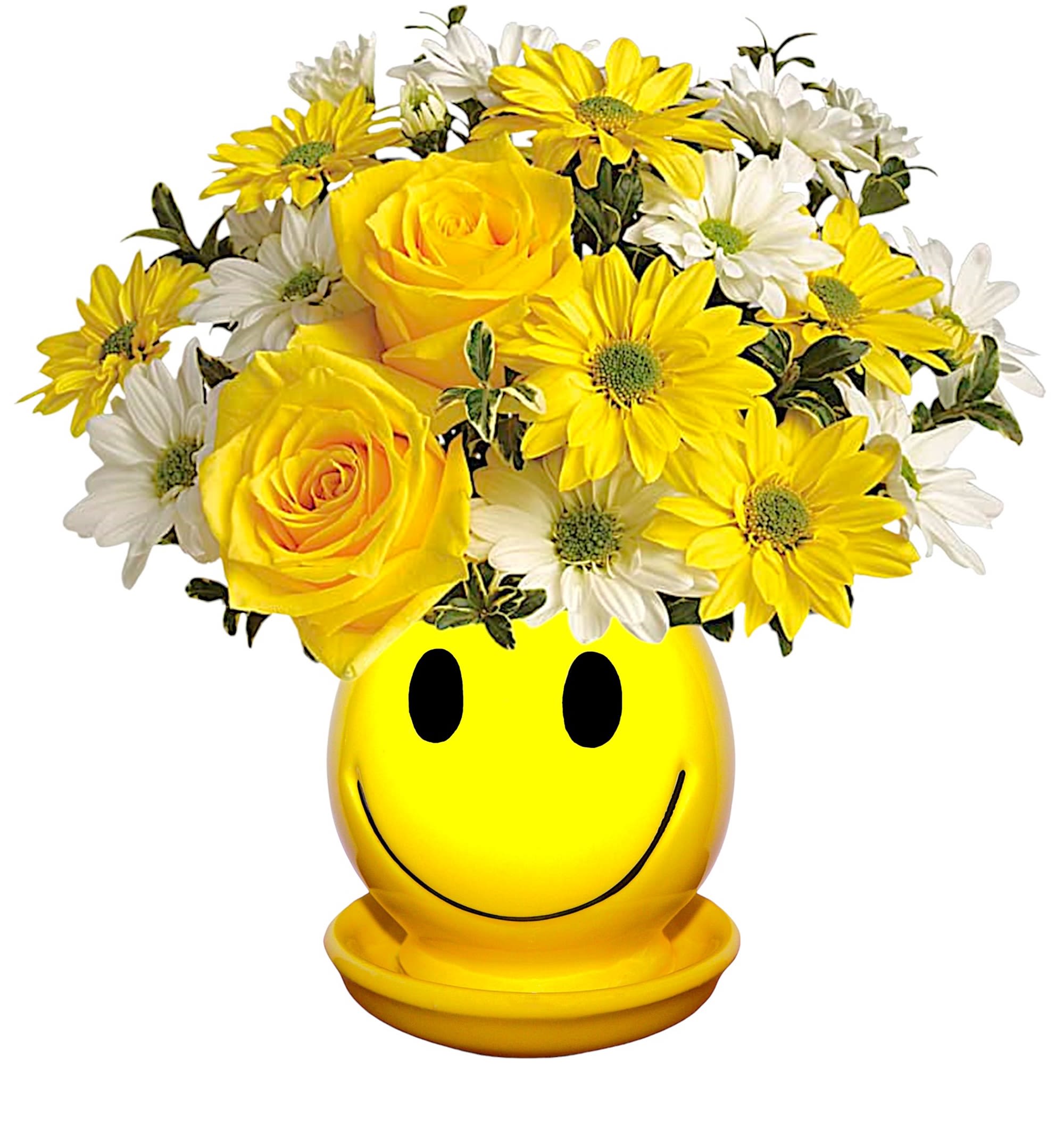 Be Happy Arrangement with Roses - When you're looking to make someone smile, this happy face with roses and daisies is tops. Sure to cheer up everyone from a beloved wife to a busy boss, these are also great flowers for kids.  DETAILS Yellow roses and daisy spray chrysanthemums along with white daisy spray chrysanthemums and oregonia are delivered in a yellow happy face container.   CONTAINER INCLUDED Orientation: One-Sided Item #NF-89  FLORIST-TO-DOOR Same day flower delivery on most orders placed by 12 pm or 10 am on weekends PST.  BLOOM DETAILS Roses Daisy-Mums Greenery  The Standard Arrangement is approx. 9&quot; H x 9 1/2&quot; W.  The Deluxe Arrangement is approx. 10 1/2&quot; H x 10 1/2&quot; W. The Premium Arrangement is approx. 11&quot; H x 11&quot; W.  How to place an order?  1. You can place an order directly on this secure website. OR 2. You can call in your order by dialing: (323) 262 - 9238 OR 3. You can visit our store (appointment recommended 323.262.9238)  NINFA'S FLOWERS 2405 WHITTIER BLVD. LOS ANGELES, CA. 90023  ATTENTION: *Please note that on busy holidays, Valentine's Day, and Mother's Day, we cannot verify if the recipient received the flowers until the following day. You can verify delivery on the website after 10:00 pm, call 323.262.9238 the following day after 10:00 am, or contact the recipient directly. Thank you for your patience and understanding.